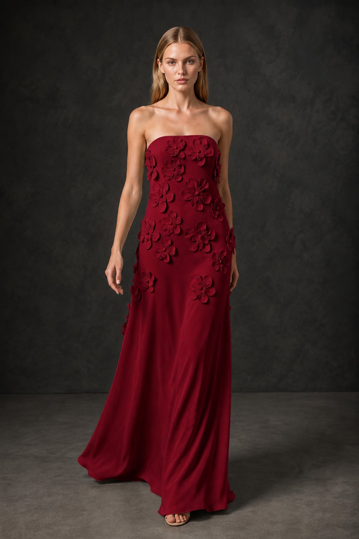 BOLODOO Burgundy Strapless 3D Floral Appliqué Crepe Mermaid Maxi Gown - Burgundy