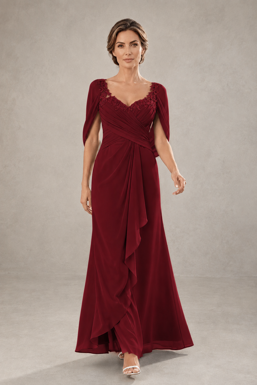 BOLODOO Burgundy Chiffon V-Neck Lace Applique Cape Sleeve Cascade Ruffle Lace-Up Back Sheath Maxi Evening Dress - Burgundy