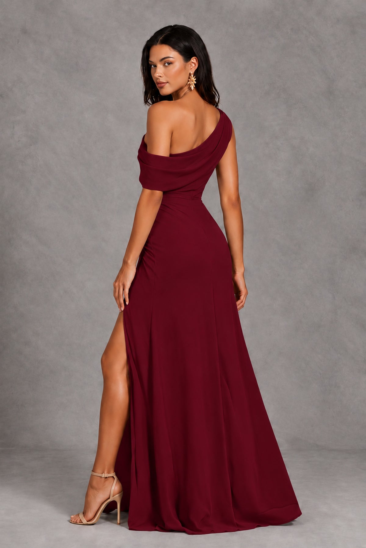 Burgundy One-Shoulder Floor-Length Evening Gown with High Slit - Burgundy