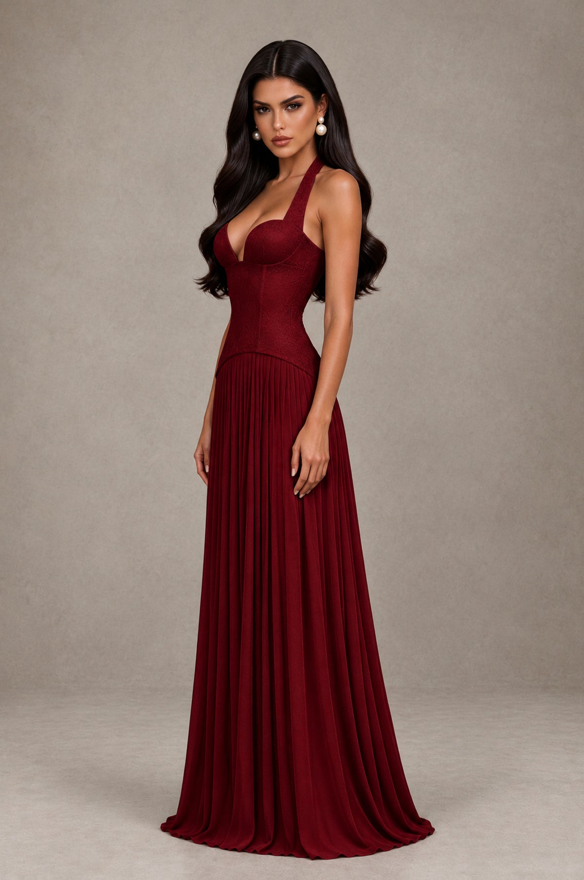 BOLODOO Burgundy Halter Corset Pleated A-Line Evening Dress - Burgundy - Burgundy_4