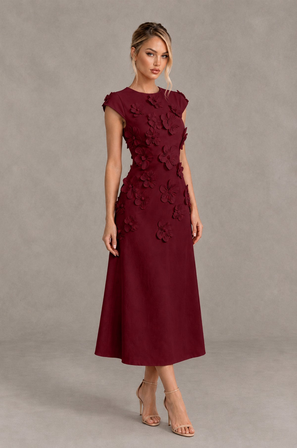 BOLODOO Burgundy 3D Floral Cap Sleeve Midi Cocktail Dress - Burgundy - Burgundy_4