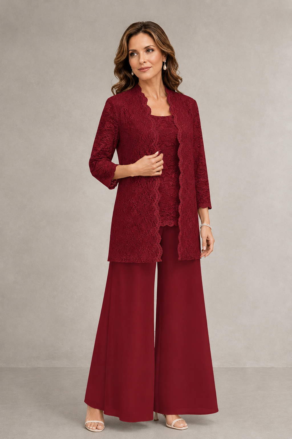 BOLODOO Burgundy 3-Piece Lace Chiffon Pantsuit – Mother of the Bride Wedding Guest with Jacket - Burgundy