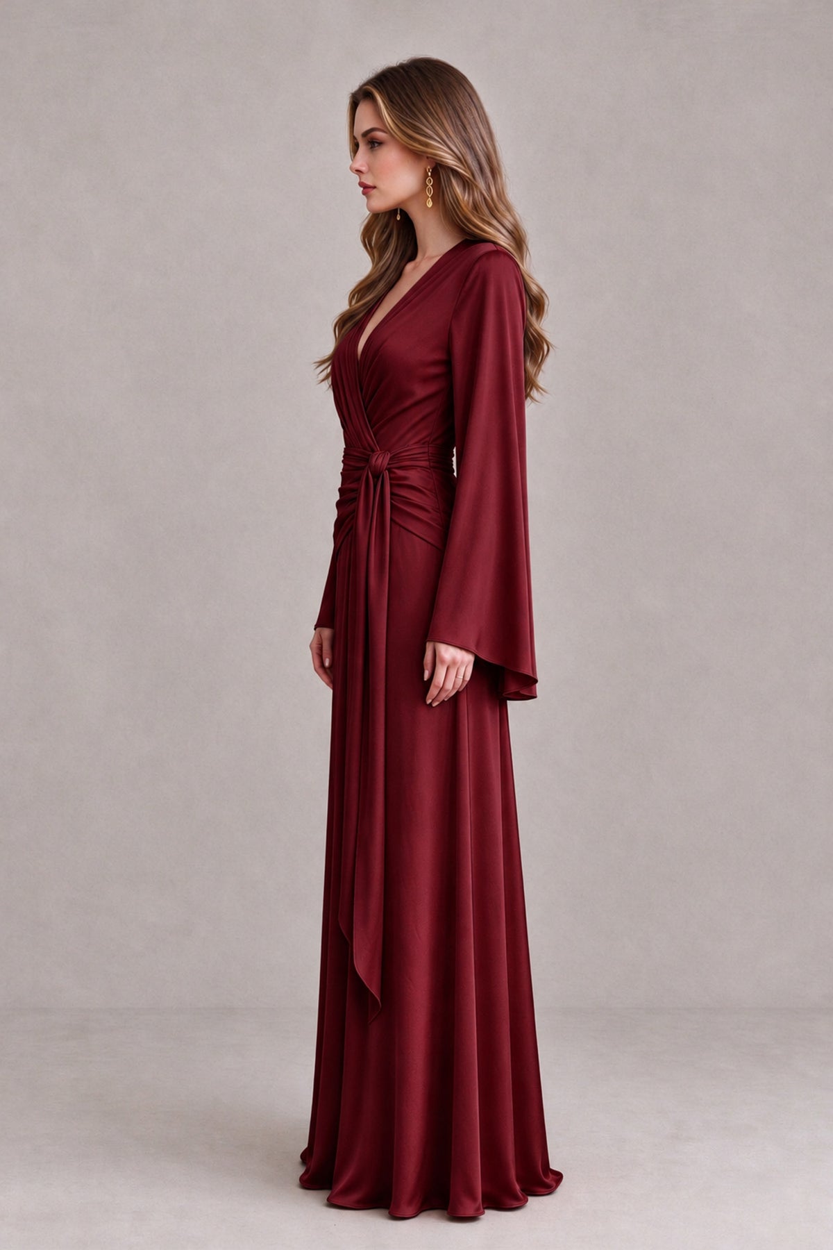 BOLODOO Burgundy Yellow Satin-Look V-Neck Long Bell Sleeve Evening Dress - Burgundy - Burgundy_4
