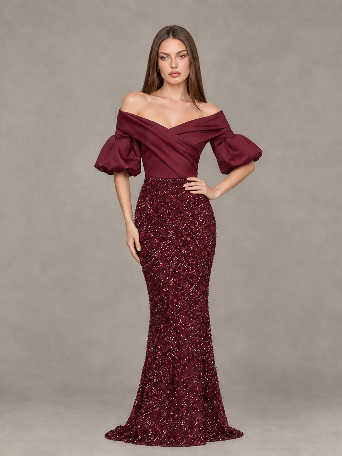 BOLODOO Burgundy Off-Shoulder Puff Sleeve Sequin Mermaid Evening Dress - Burgundy - Burgundy_4