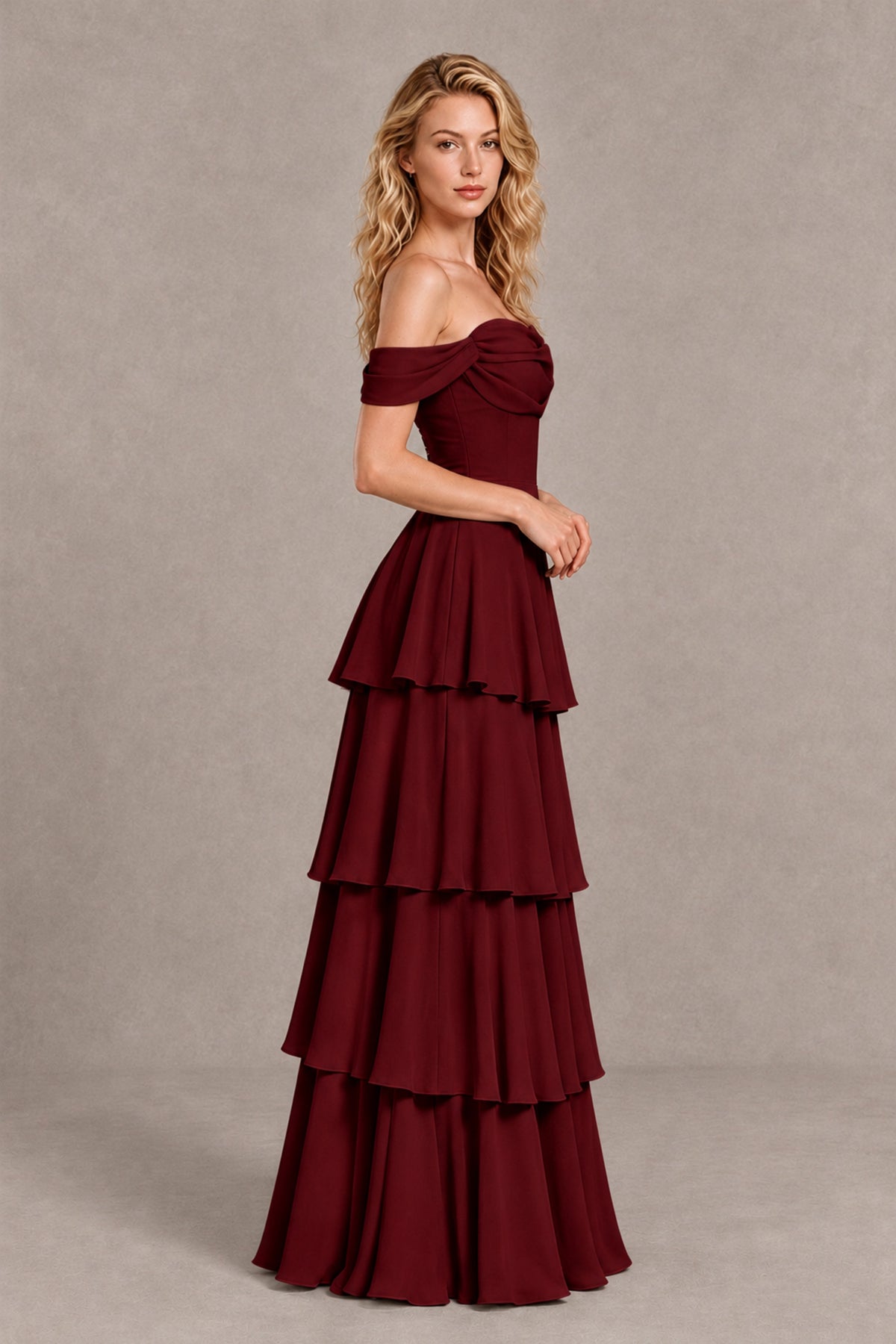 BOLODOO Burgundy Off-the-Shoulder Tiered A-Line Evening Bridesmaid Dress - Burgundy - Burgundy_4
