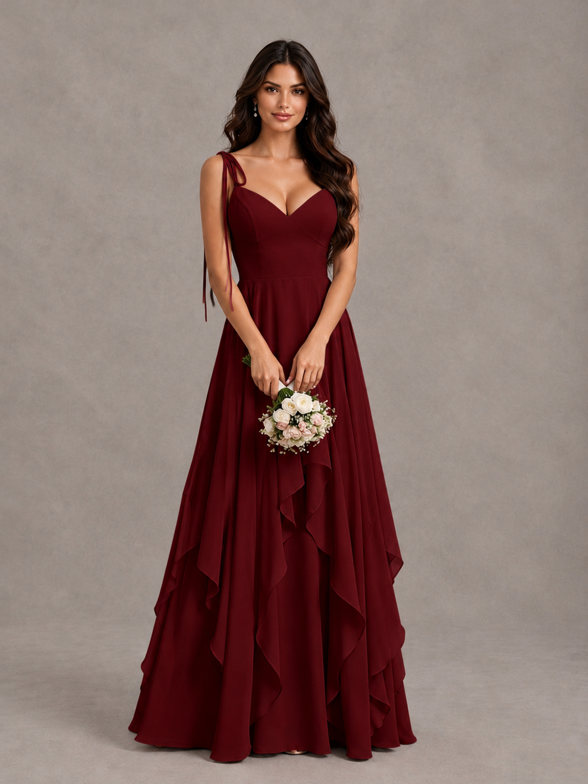 BOLODOO Burgundy Tie-Strap Ruffle A-Line Bridesmaid Dress - Burgundy - Burgundy_4