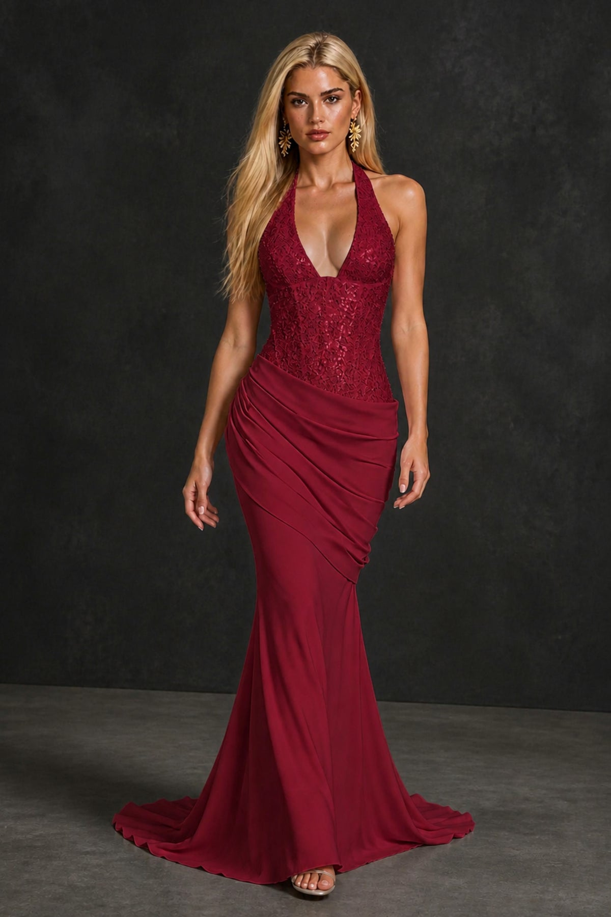 BOLODOO Burgundy Halter Mermaid Gown – Deep V Open Back Sequin Formal Evening Dress with Train - Burgundy