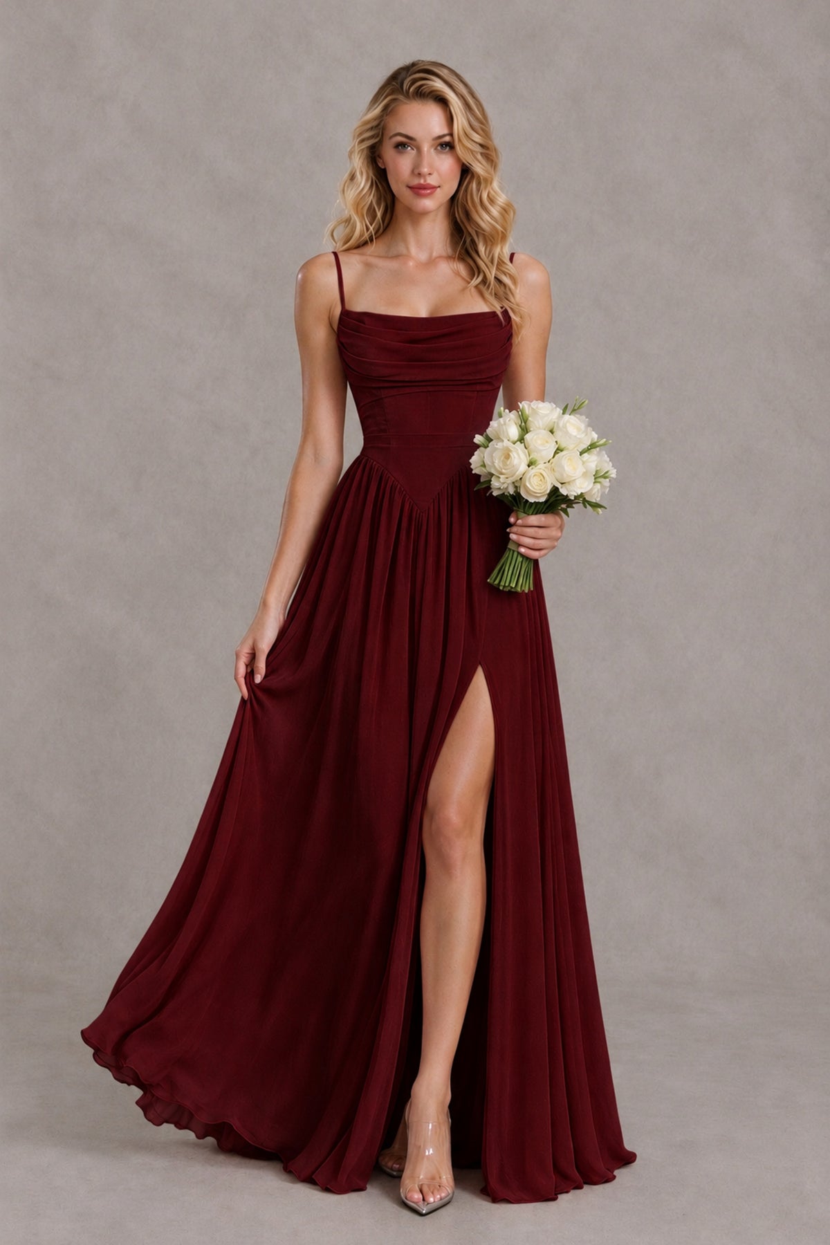 BOLODOO Burgundy Spaghetti Strap A-Line Bridesmaid Dress with Slit - Burgundy - Burgundy_4