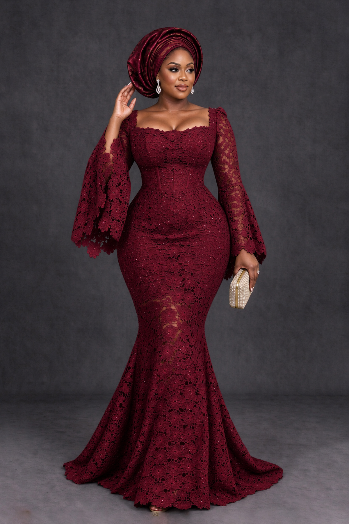 BOLODOO Burgundy African Lace Mermaid Dress, Plus Size Nigerian Wedding Guest Gown with Bell Sleeves - Burgundy - Burgundy_4