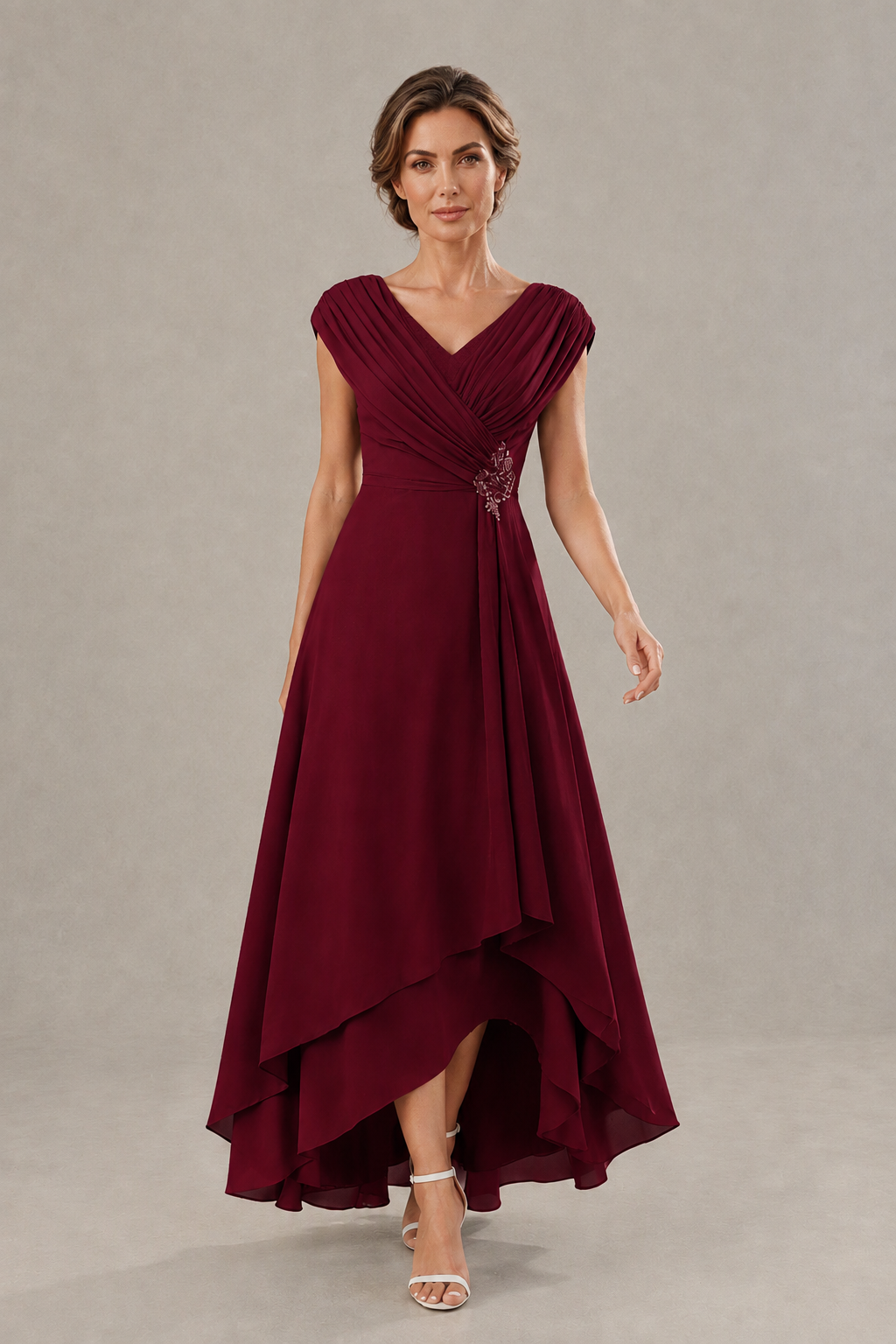 BOLODOO Burgundy V-Neck High-Low Mother of the Bride Dress - Burgundy