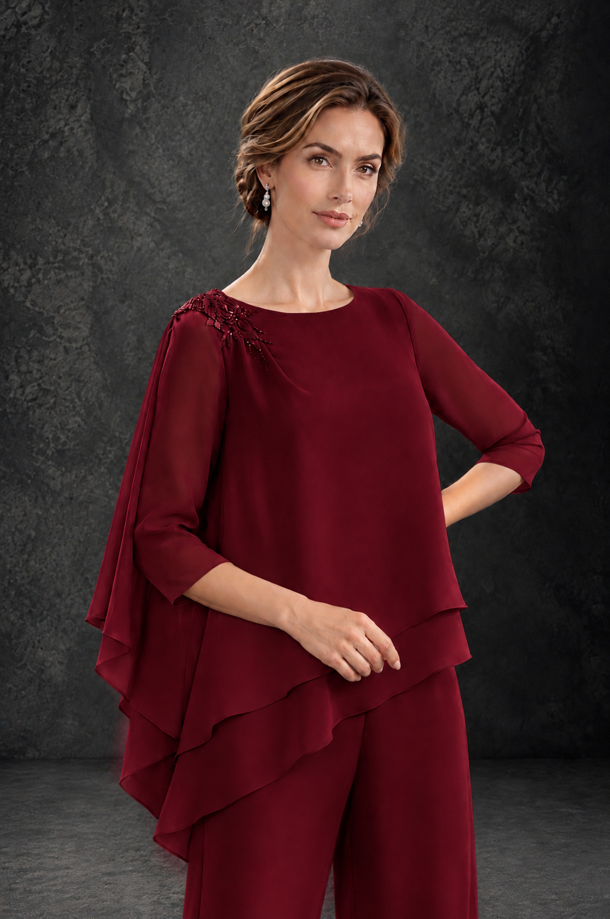 BOLODOO Burgundy Layered Wide-Leg Mother of the Bride Pant Suit - Burgundy - Burgundy_4