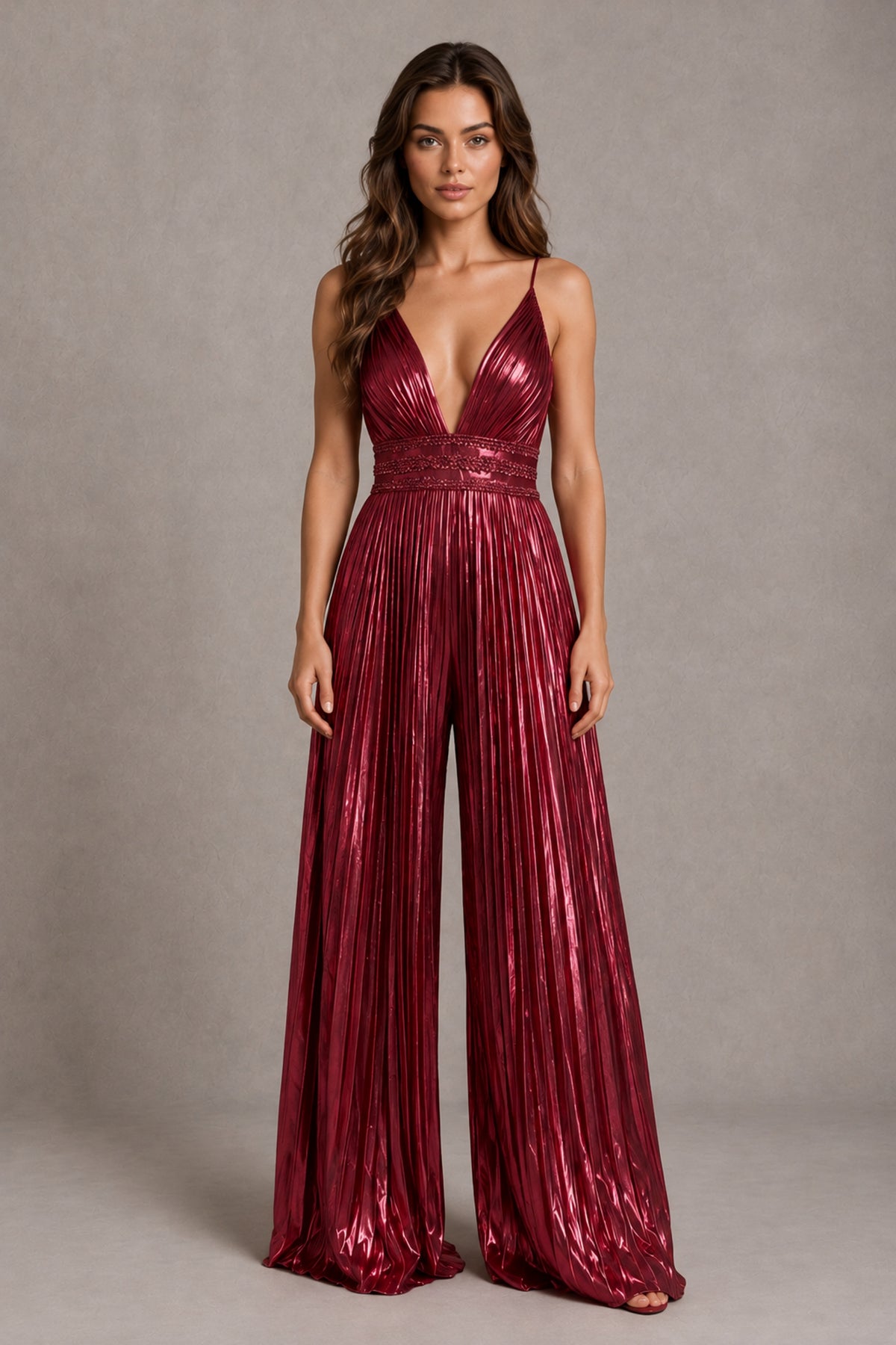 BOLODOO Burgundy Pleated Wide-Leg Jumpsuit with Open Back - Burgundy