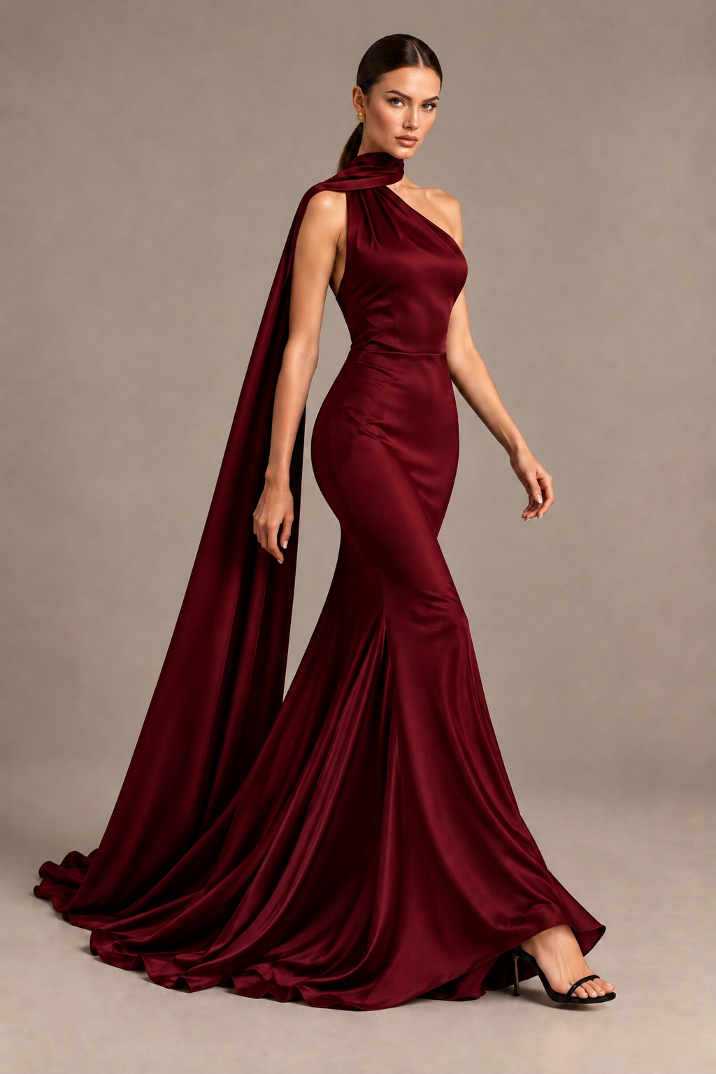 BOLODOO Burgundy One-Shoulder Satin Mermaid Evening Dress with Scarf - Burgundy - Burgundy_4