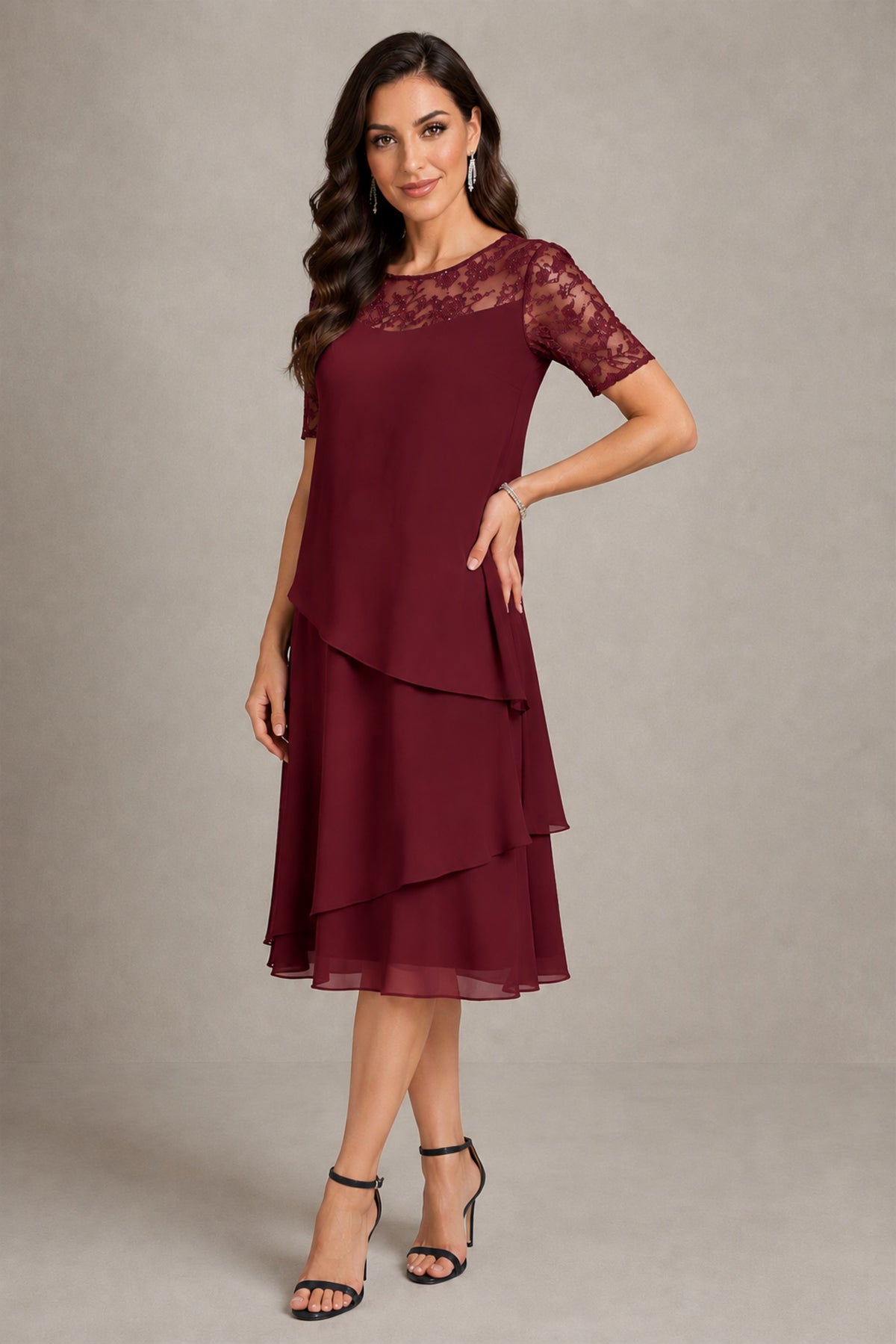 BOLODOO Burgundy Illusion Lace Short Sleeve Tiered Chiffon Tea Length Dress | Mother of the Bride Midi Dress - Burgundy