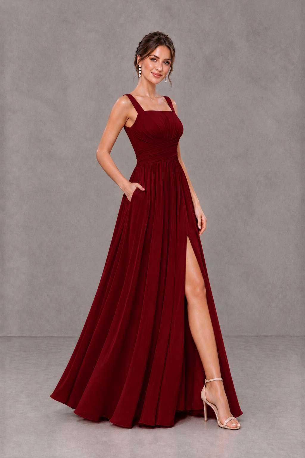 BOLODOO Burgundy Square Neck A-Line Bridesmaid Dress with Slit - Burgundy - Burgundy_4