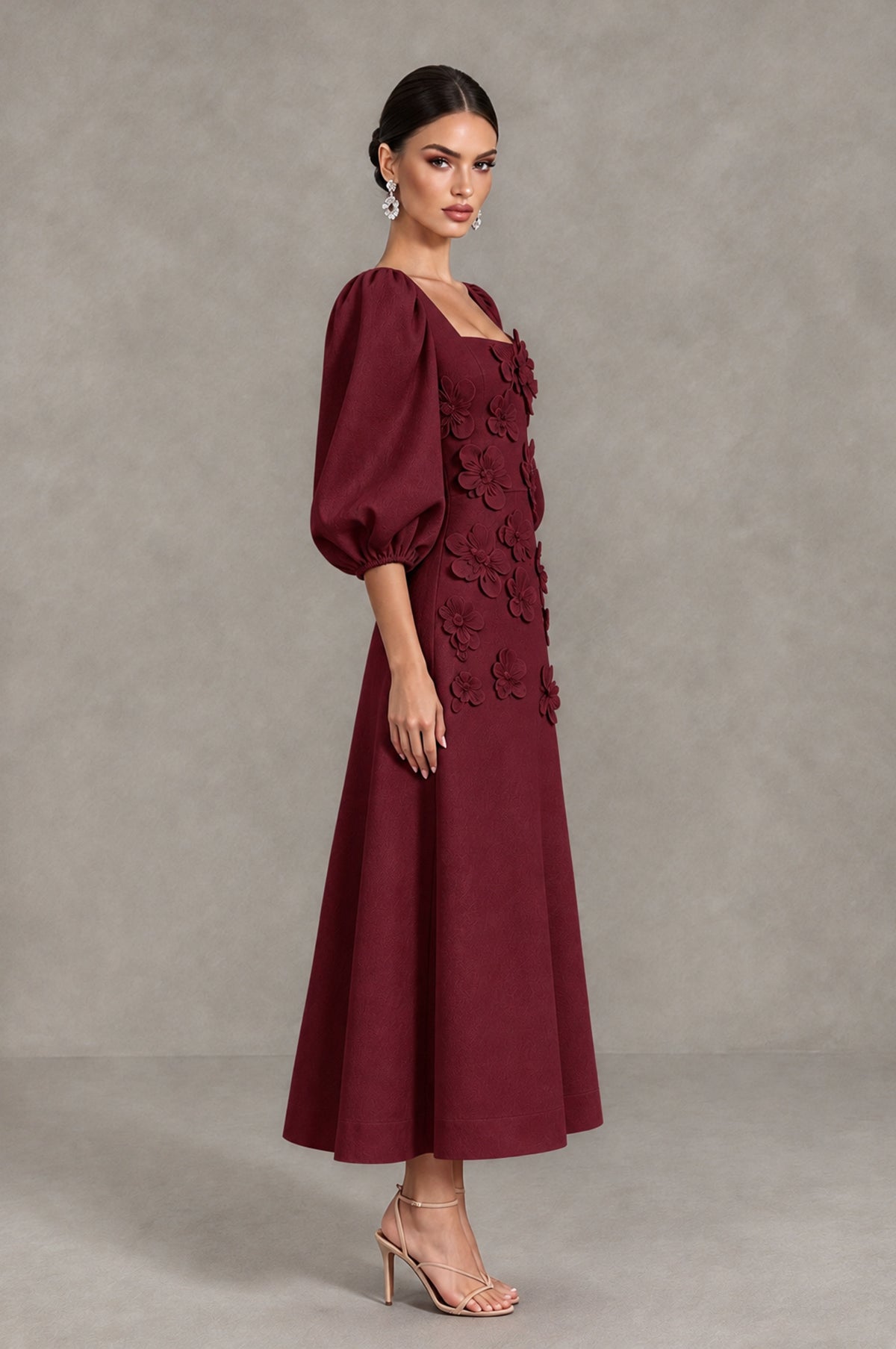 BOLODOO Burgundy 3D Floral Puff Sleeve Midi Cocktail Dress - Burgundy - Burgundy_4