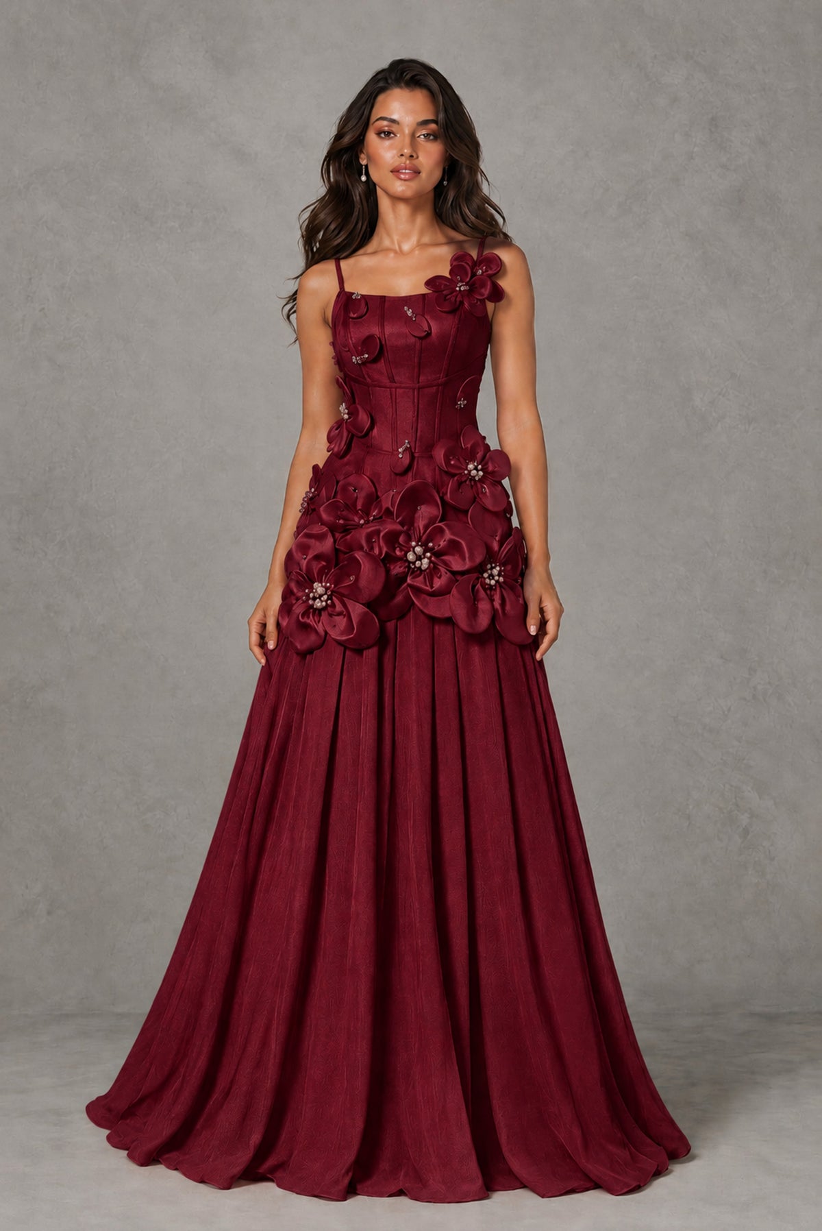 BOLODOO Burgundy 3D Floral Appliqué Floor-Length A-Line Evening Gown - Burgundy