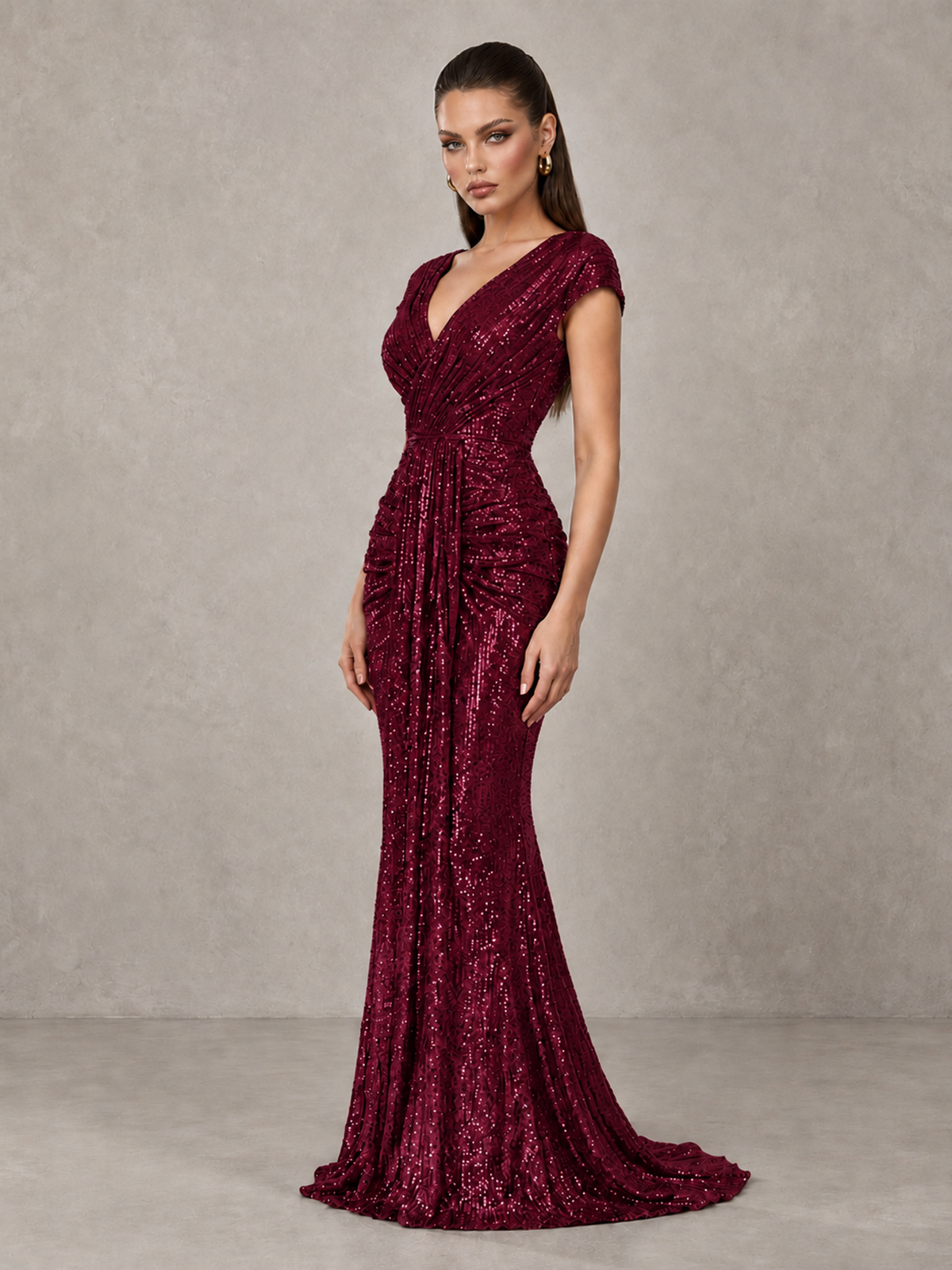 BOLODOO Burgundy Glitter V-Neck Cap Sleeve Ruched Mermaid Evening Gown - Burgundy - Burgundy_4