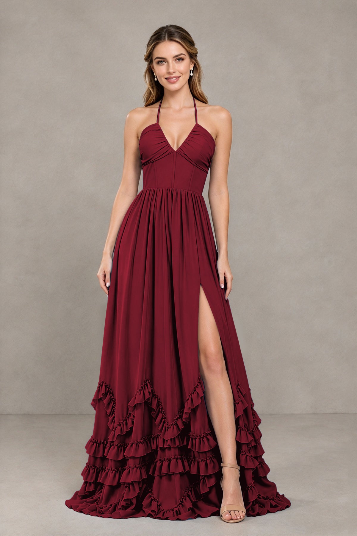 BOLODOO Burgundy Halter Ruffle Hem A-Line Bridesmaid Dress with High Slit - Burgundy - Burgundy(4)