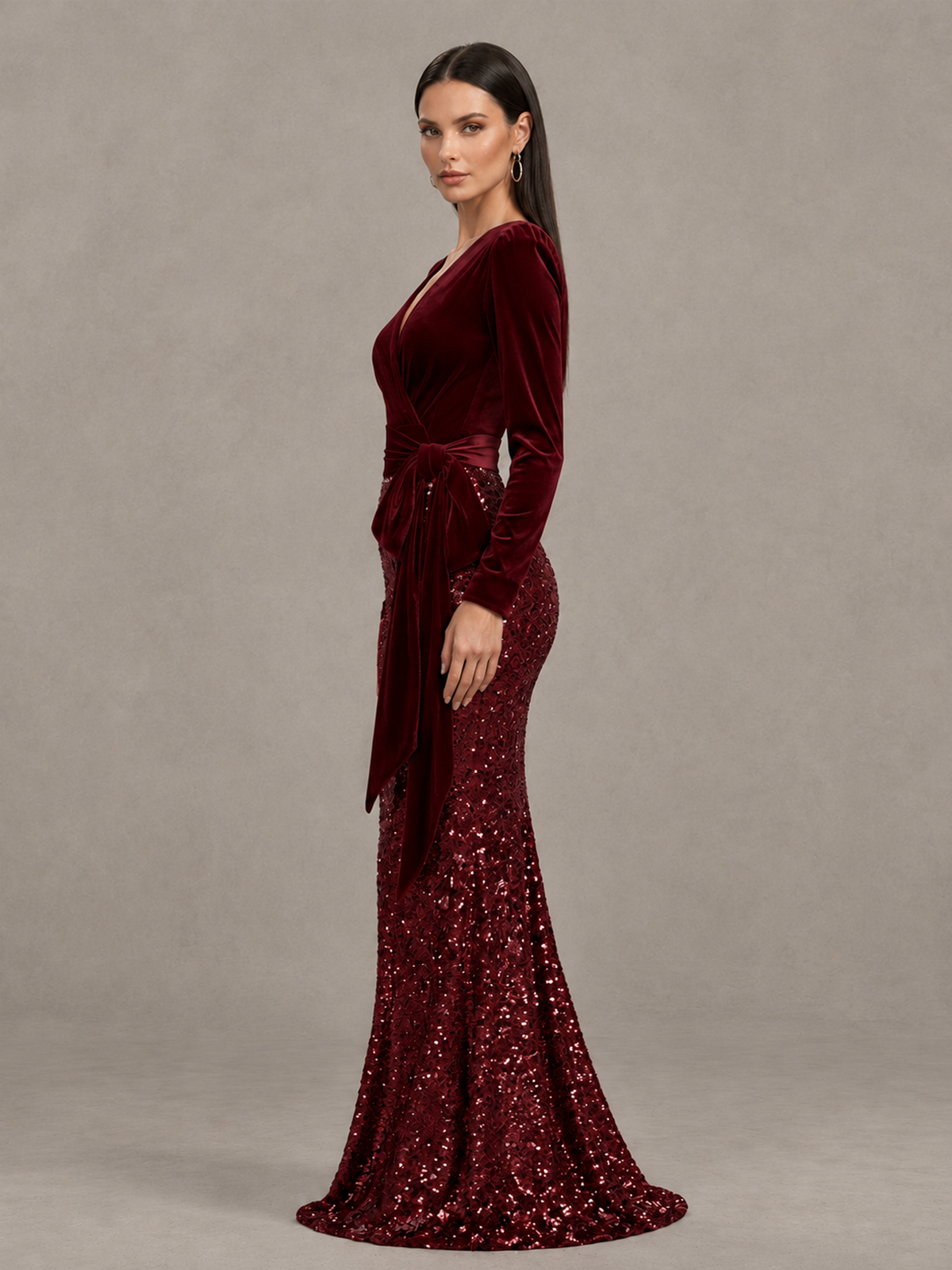 BOLODOO Burgundy Velvet & Sequin Long Sleeve V-Neck Mermaid Evening Gown - Burgundy - Burgundy_4