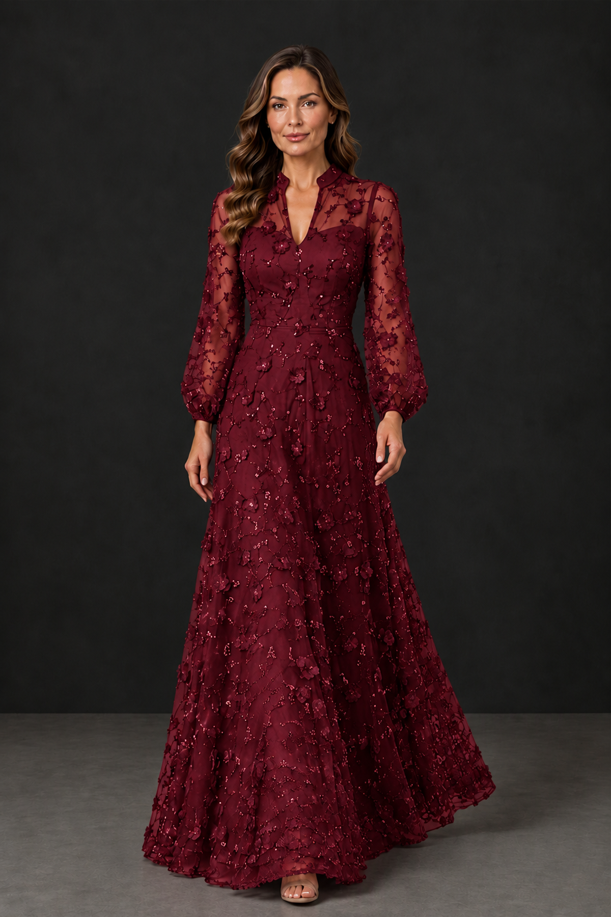 BOLODOO Burgundy Long Sleeve Floral Mother of the Bride Dress - Burgundy - Burgundy_4