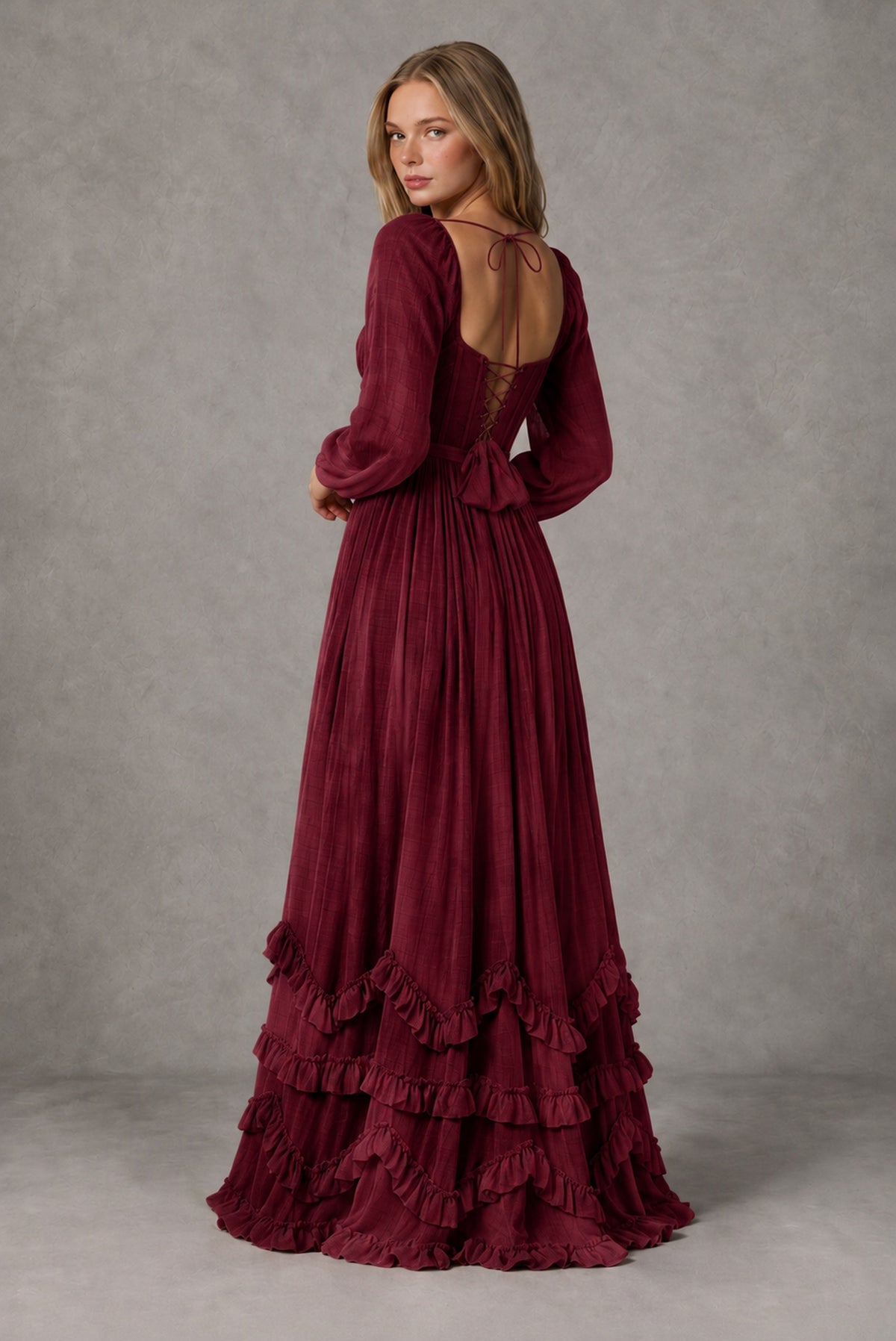 Burgundy Long-Sleeve Ruffle Maxi Dress with Lace-Up Back and Slit - Burgundy
