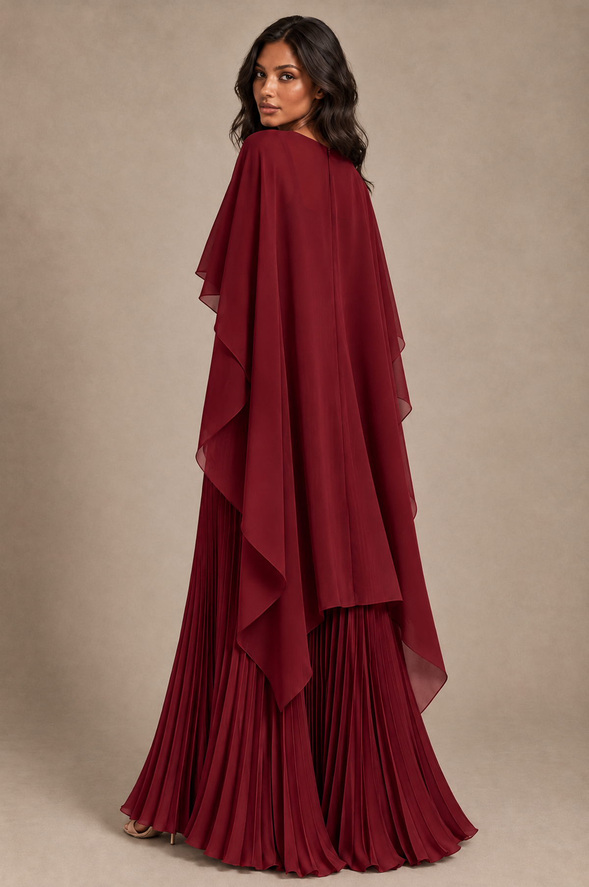 BOLODOO Burgundy Pleated Cape A-Line Evening Dress - Burgundy - Burgundy_4