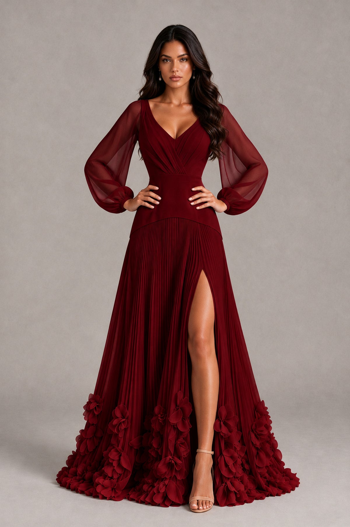 BOLODOO Burgundy V-Neck Long Sleeve Pleated Floral Hem Evening Dress - Burgundy - Burgundy_4