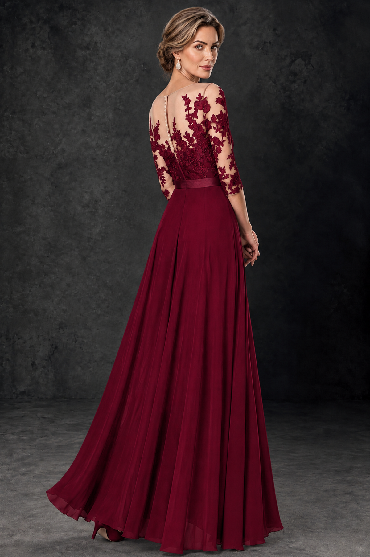 BOLODOO Burgundy Lace Wide-Leg Jumpsuit with Three-Quarter Sleeves - Burgundy - Burgundy_4