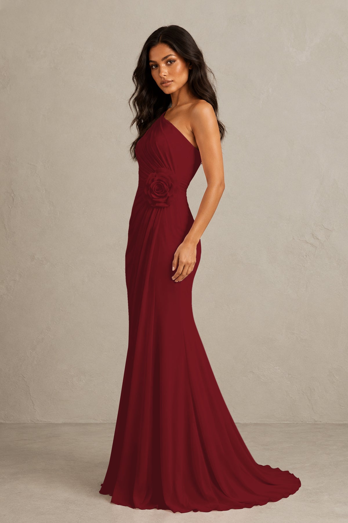 BOLODOO Burgundy One-Shoulder Floral Ruched Maxi Dress - Burgundy