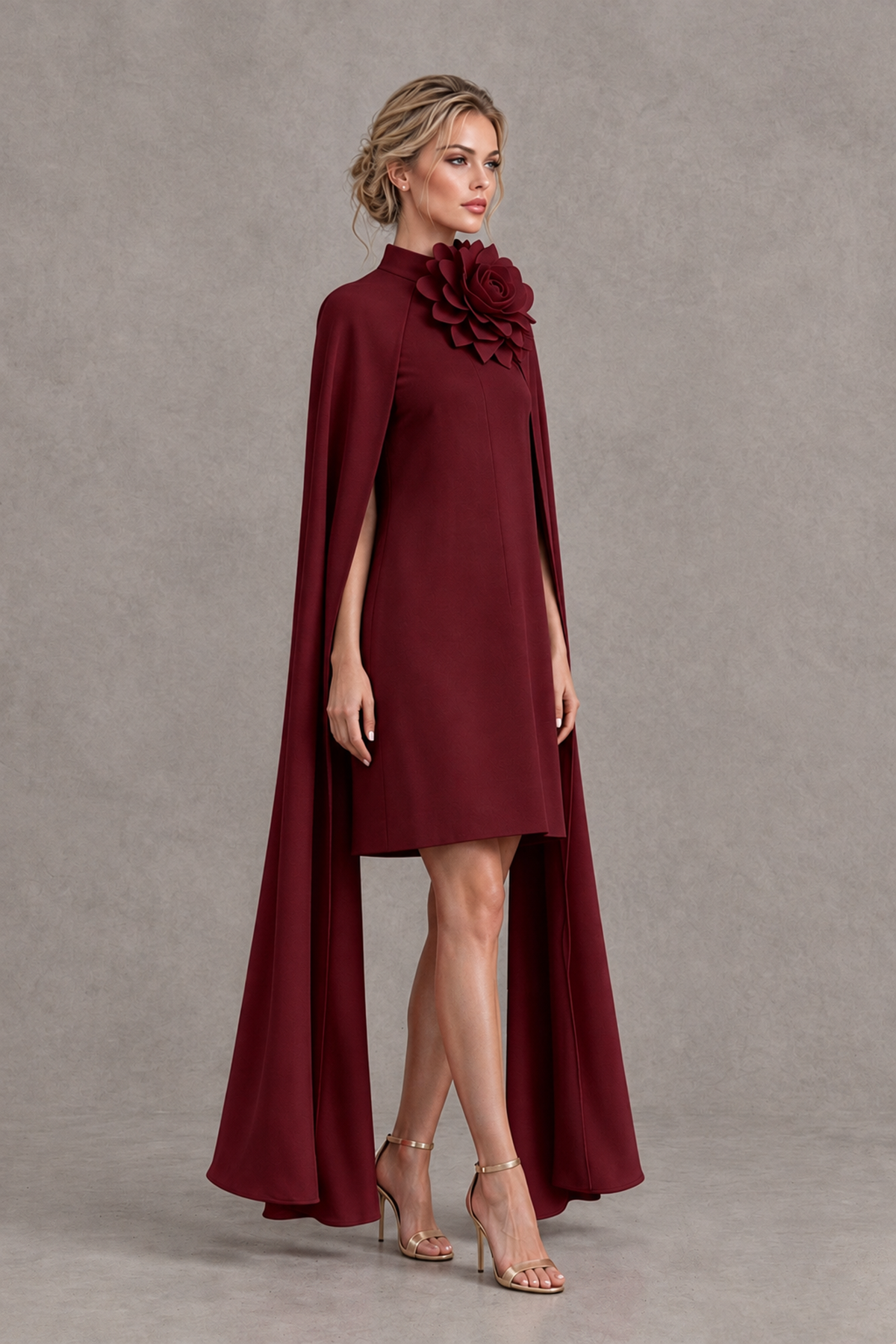 BOLODOO Burgundy High Neck Floral Cape Mini Cocktail Dress - Burgundy - Burgundy_4