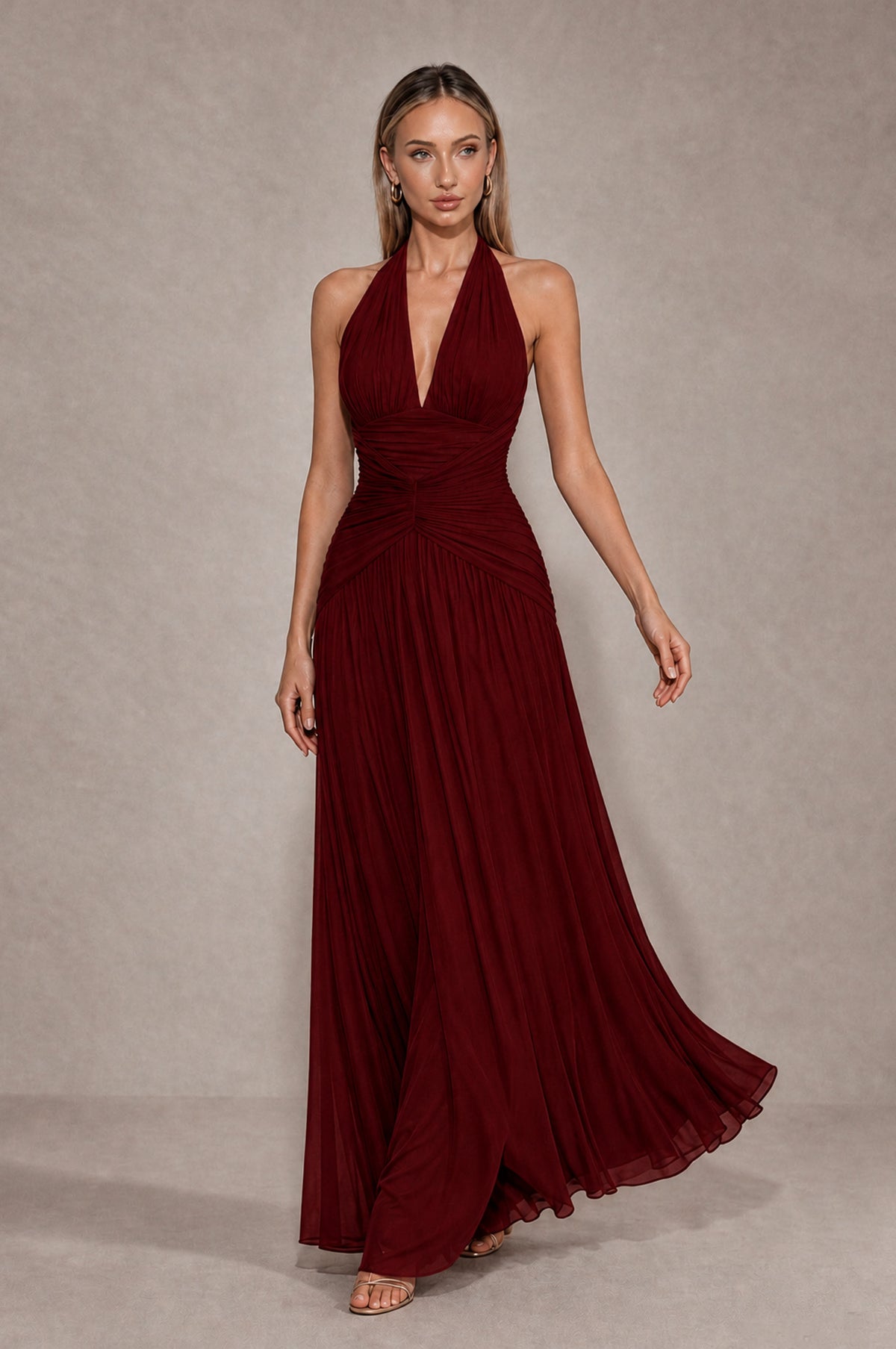 BOLODOO Burgundy Chiffon Halter Deep V-Neck Ruched A-Line Backless Maxi Dress with Train-BD0167 - Burgundy - Burgundy_4
