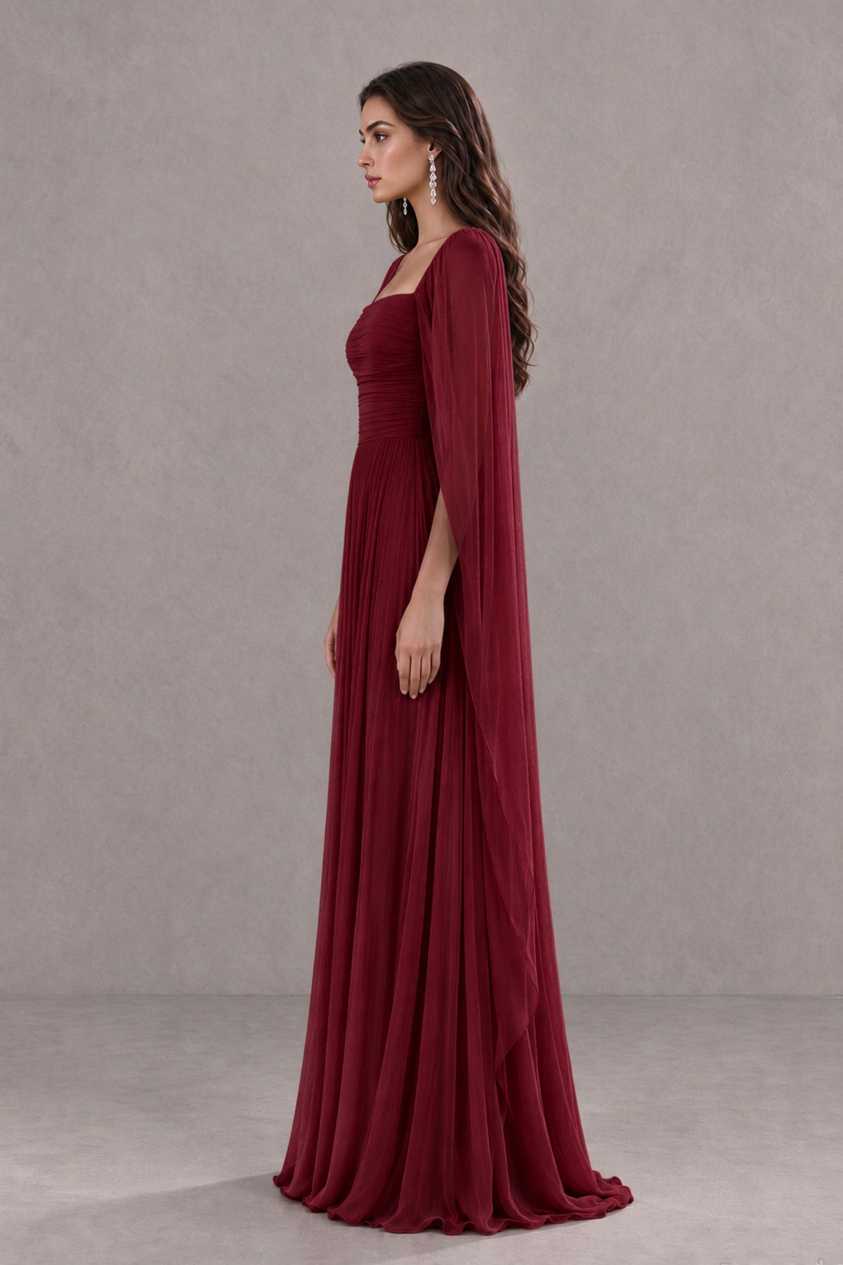 BOLODOO Burgundy Square Neck Cape Sleeve A-Line Evening Dress - Burgundy - Burgundy_4