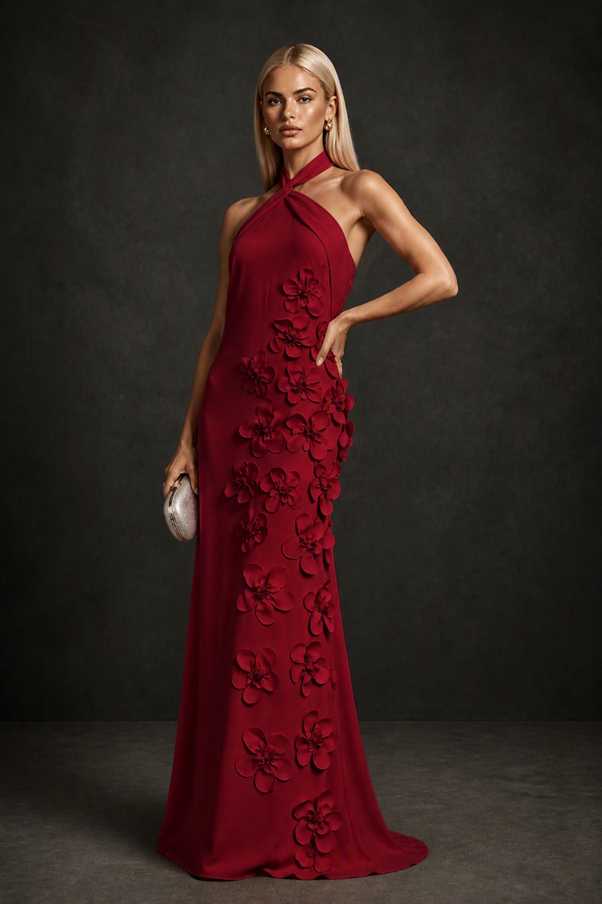 BOLODOO Burgundy Cross Halter Neck 3D Floral Appliqué Backless Mermaid Maxi Gown - Burgundy