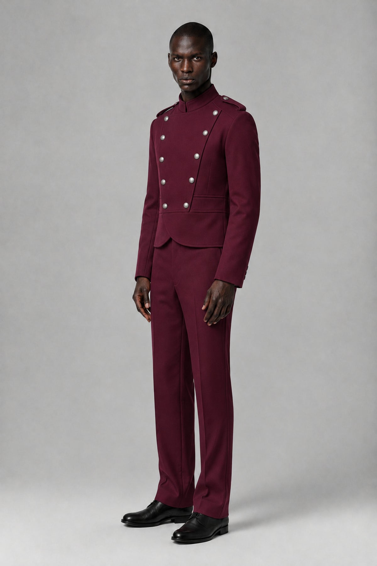 Bolodoo Men's Burgundy Military-Inspired Two-Piece Suit with Stand Collar - Burgundy - Burgundy_4