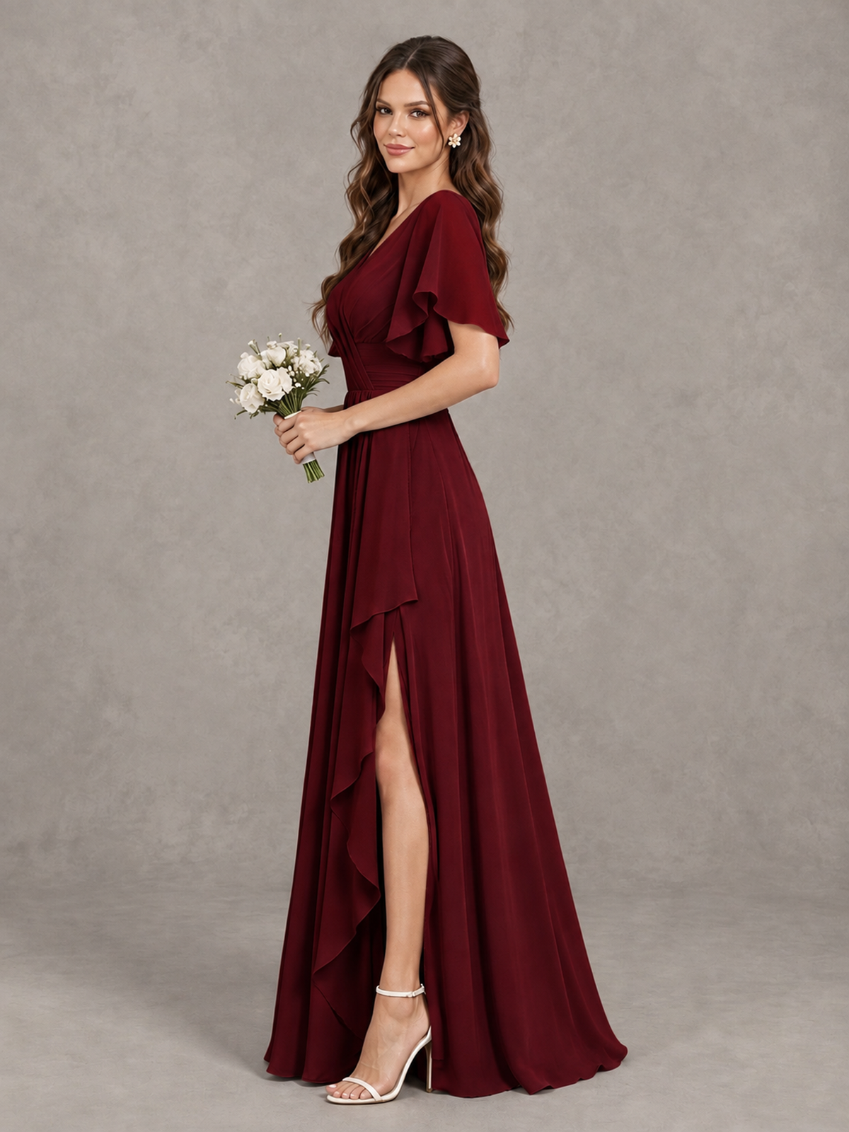 BOLODOO Burgundy Flutter Sleeve V-Neck Bridesmaid Dress with Ruffle Slit - Burgundy - Burgundy_4