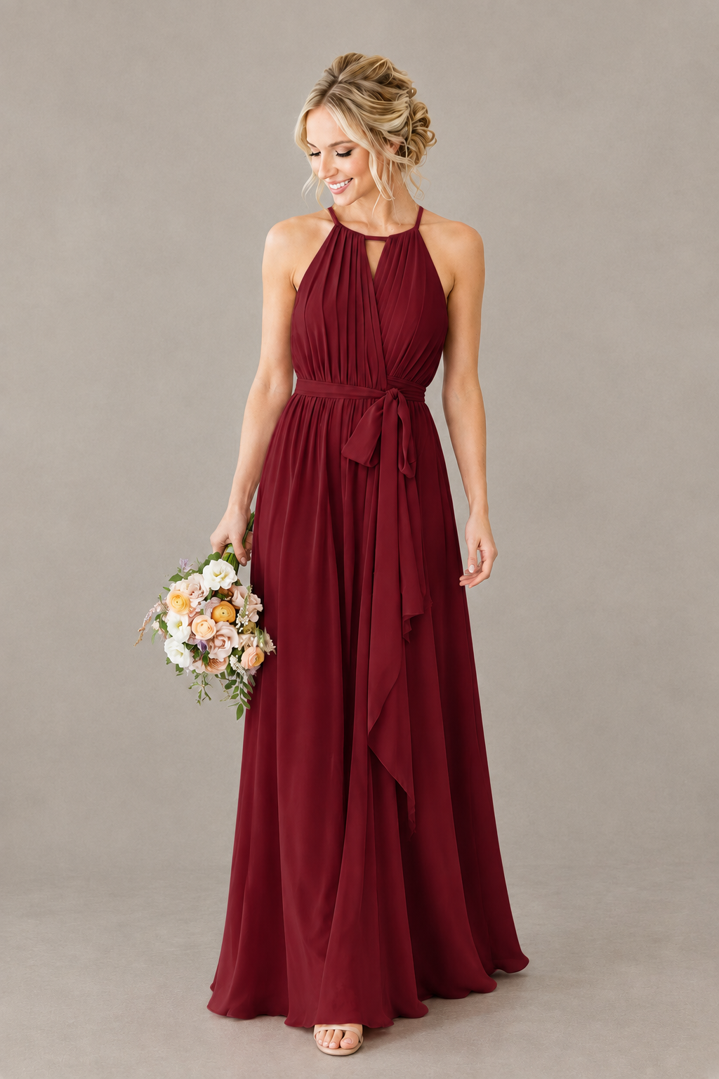 BOLODOO Burgundy Halter Chiffon Bridesmaid Dress with High Slit - Burgundy