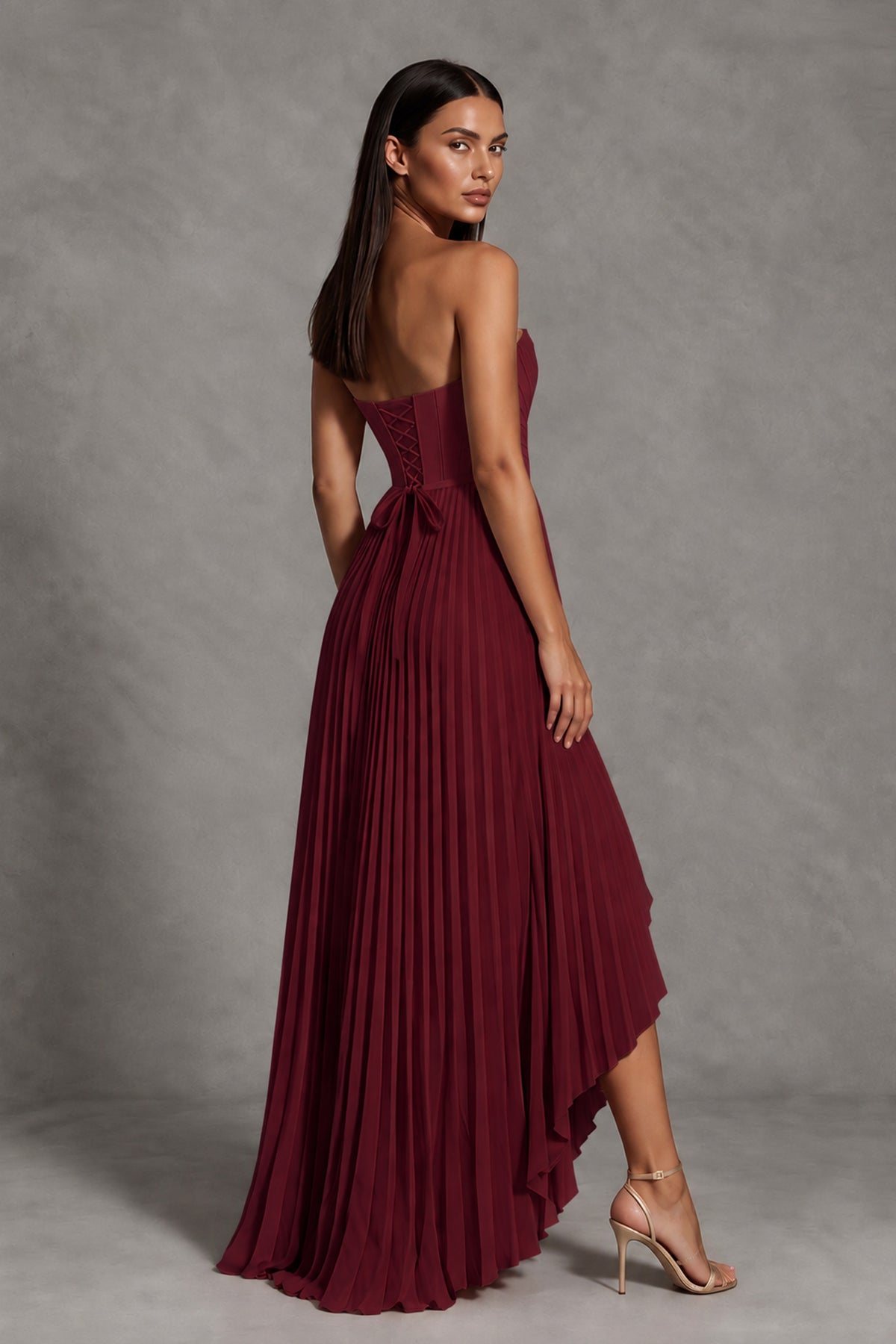 Burgundy Strapless Pleated High-Low Evening Gown with Ruffle Hem - Burgundy