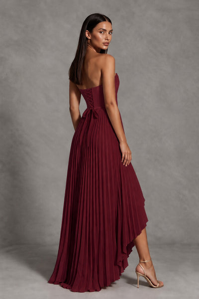 Burgundy Strapless Pleated High-Low Evening Gown with Ruffle Hem - Burgundy