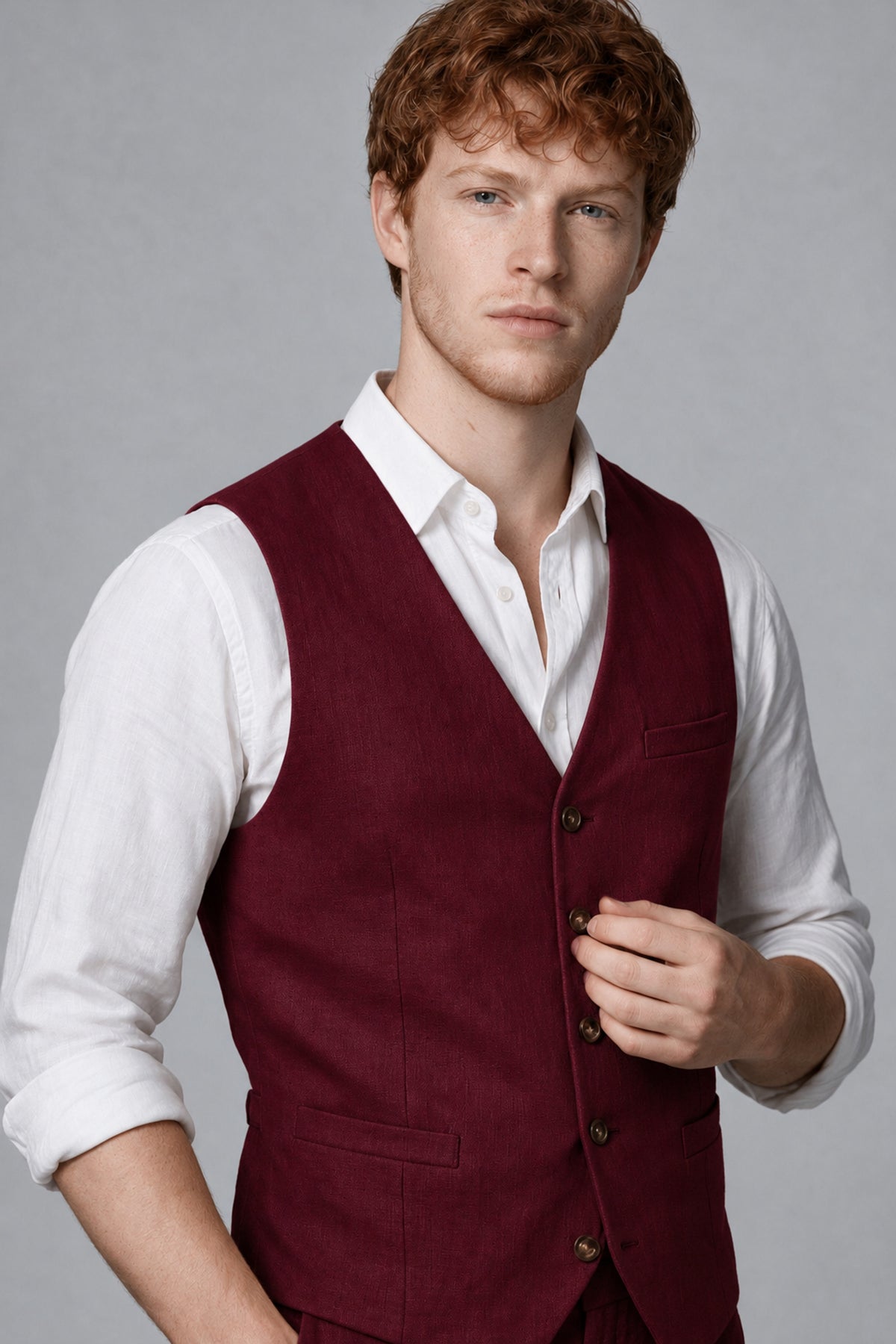 Bolodoo Men's Burgundy 2-Piece Vest and Pants Set with V-Neck Waistcoat - Burgundy - Burgundy_4