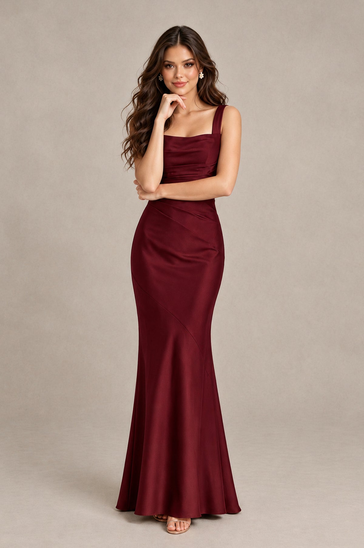 BOLODOO Burgundy Square Neck Ruched Satin Lace-Up Bridesmaid Dress - Burgundy - Burgundy_4