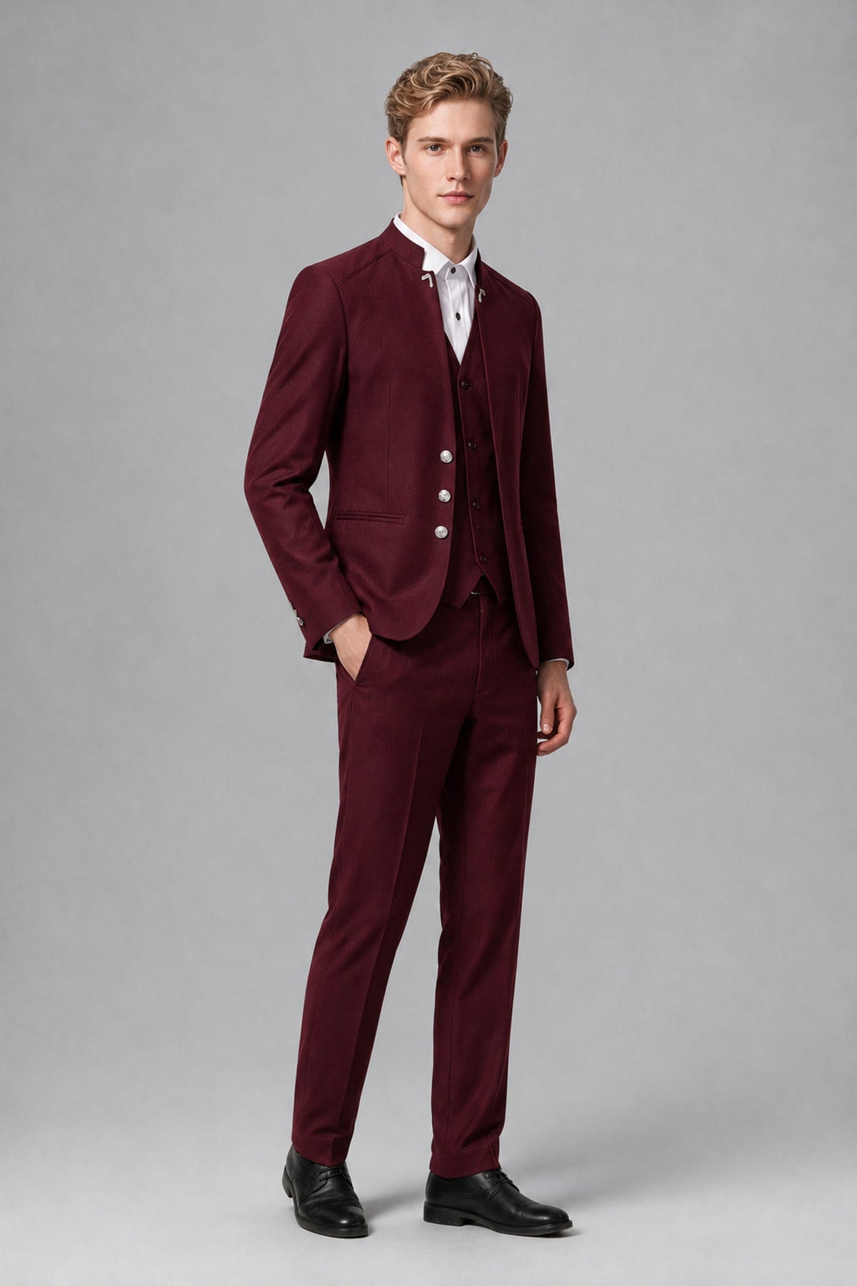 Bolodoo Men's Burgundy Mandarin Collar 3-Piece Suit – Jacket, Vest & Trousers - Burgundy - Burgundy_4