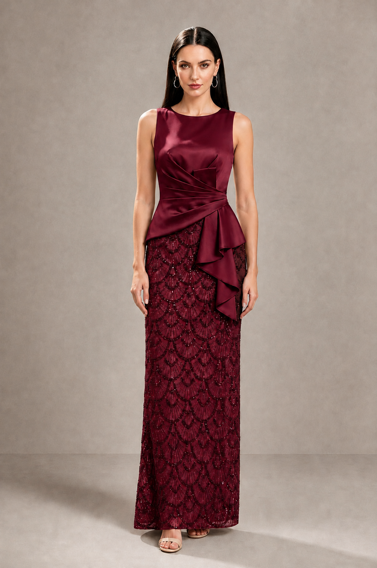 BOLODOO Burgundy Sleeveless Satin & Lace Peplum Evening Dress - Burgundy - Burgundy_4