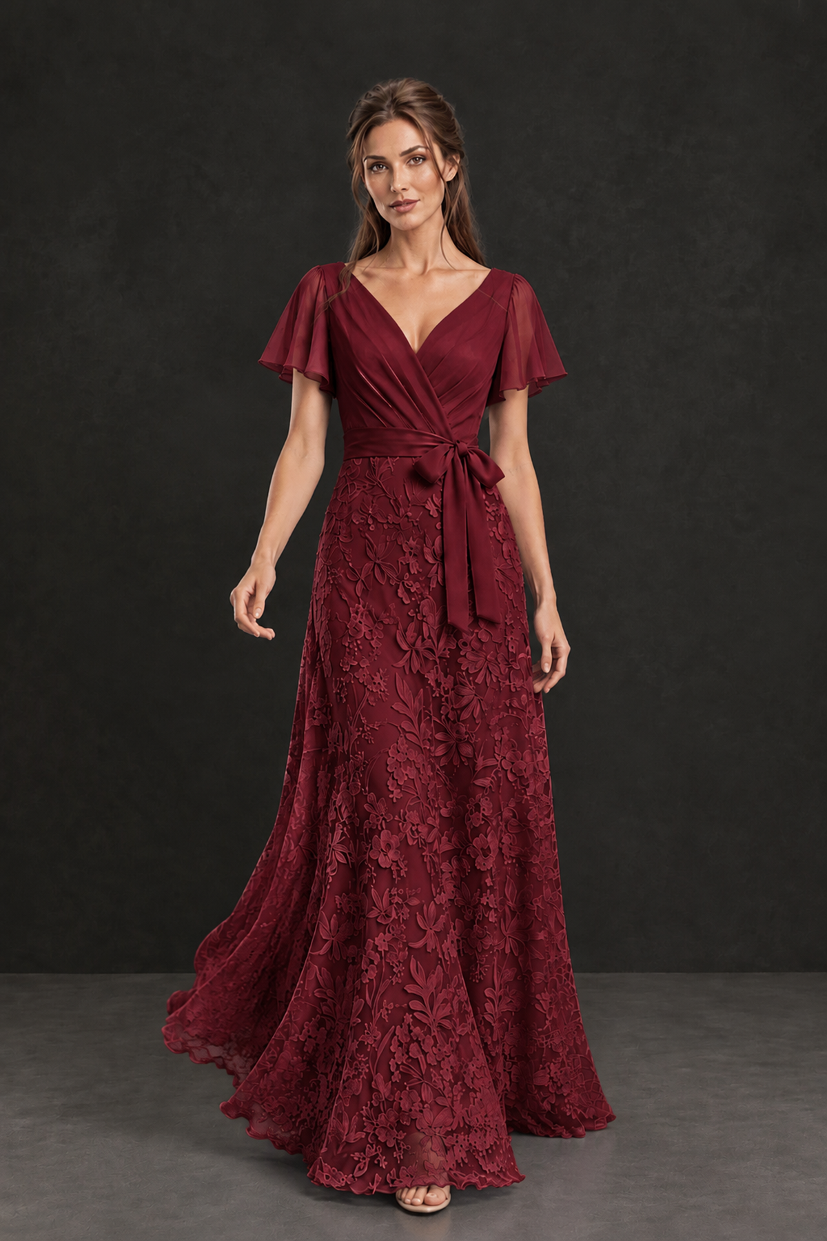 BOLODOO Burgundy Flutter Sleeve Lace Mother of the Bride Dress - Burgundy