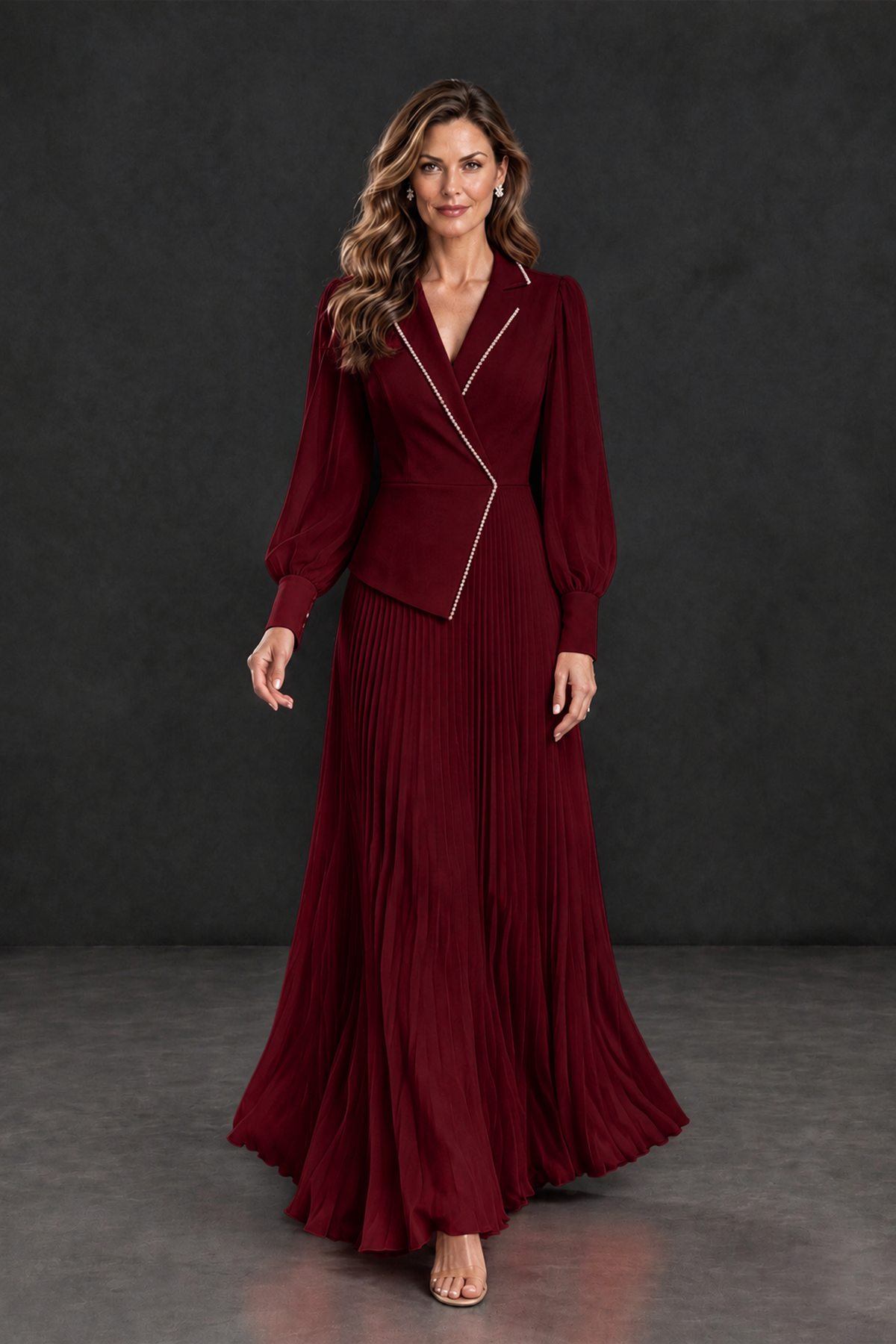 BOLODOO Burgundy Long Sleeve Pleated Mother of the Bride Dress - Burgundy - Burgundy_4