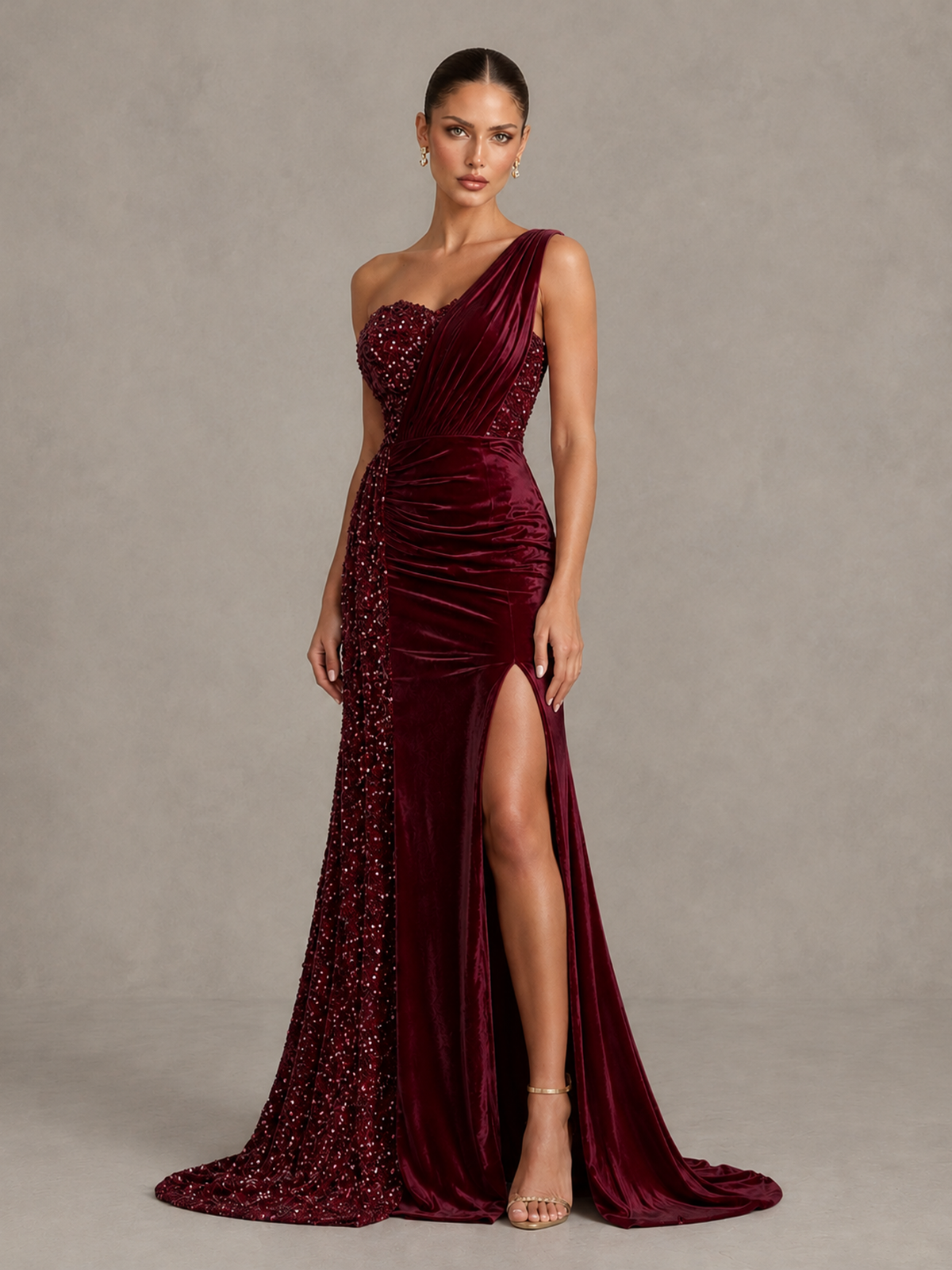 BOLODOO Burgundy One-Shoulder Satin Sequin Gown with High Slit - Burgundy - Burgundy_4