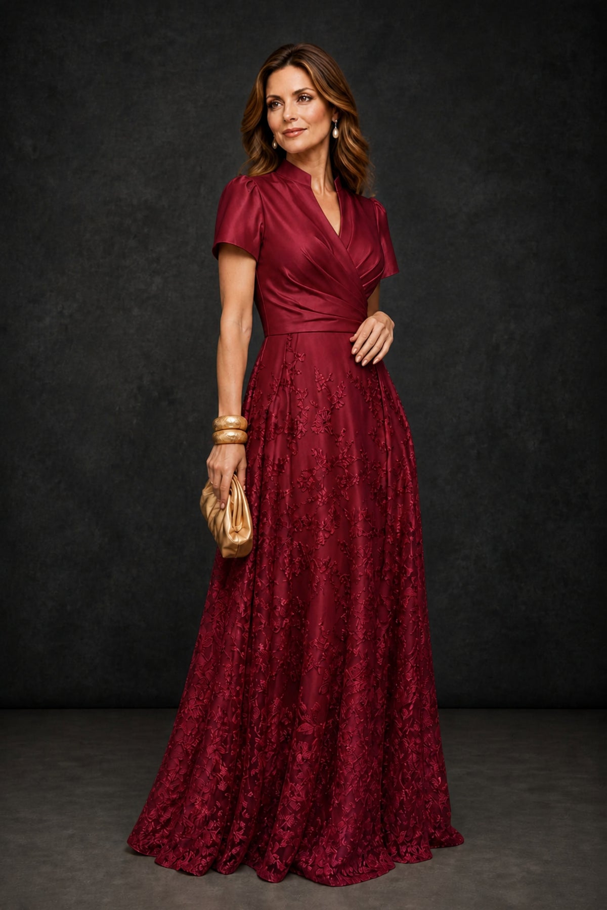 BOLODOO Burgundy Satin Wrap V-Neck Short Sleeve Lace Glitter A-Line Floor Length Evening Gown – Formal Dress - Burgundy