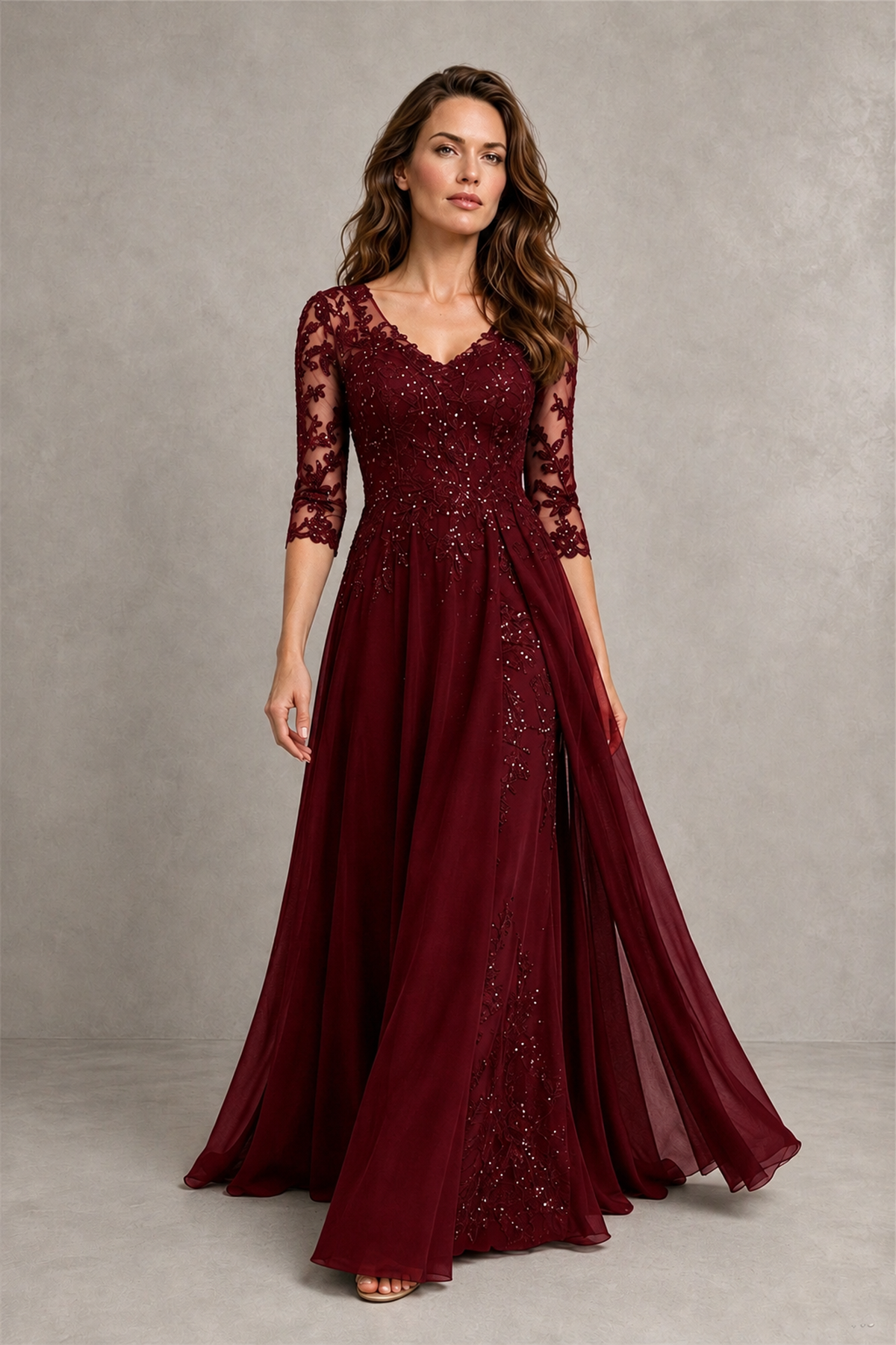 BOLODOO Midnight Burgundy Beaded Lace Appliqué Chiffon A-Line Gown | Mother of the Bride & Formal Evening Dress - Burgundy - Burgundy_4