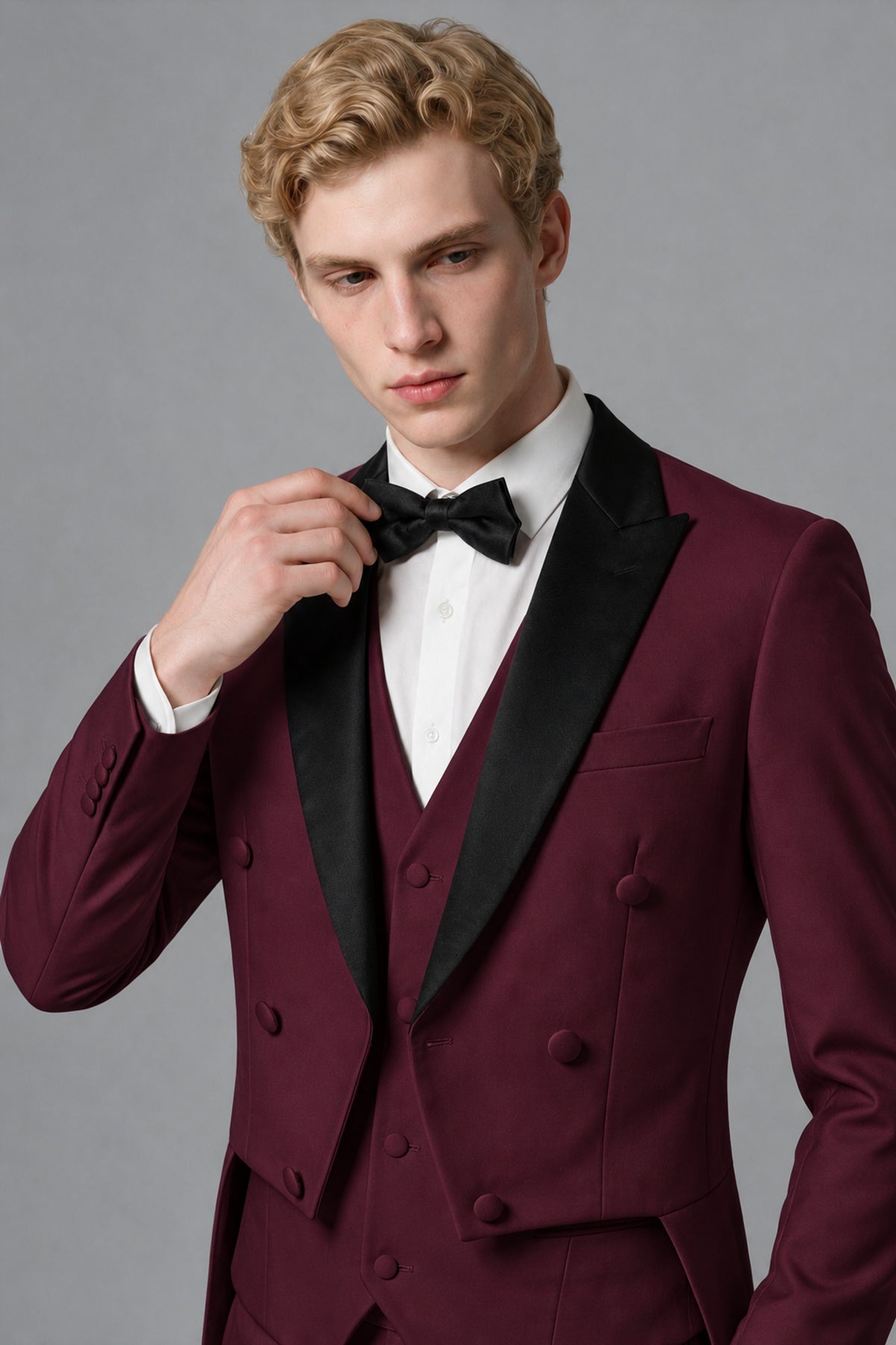 Bolodoo Men's Burgundy 3-Piece Tailcoat Tuxedo Suit with Vest & Trousers - Burgundy - Burgundy_4