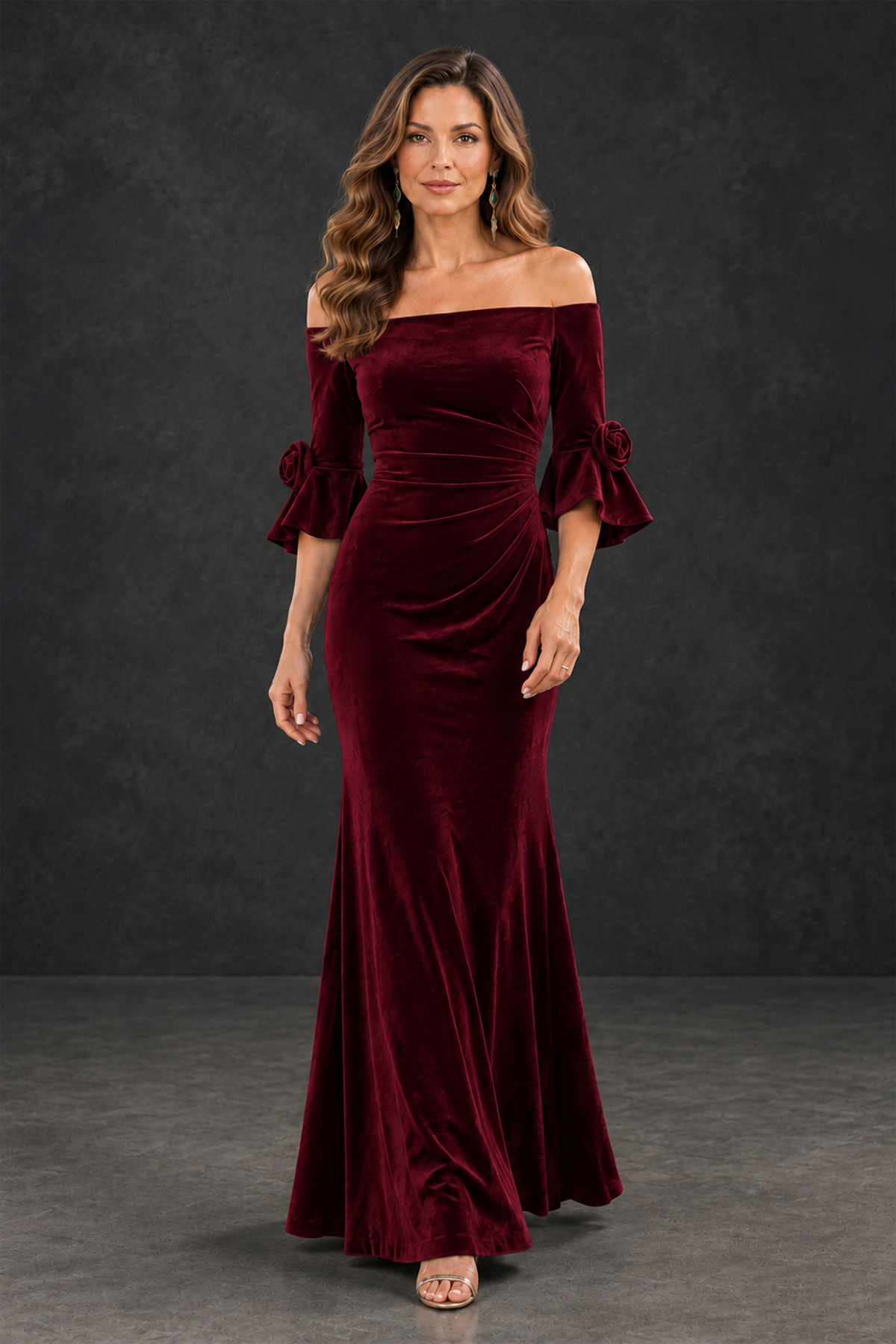 BOLODOO Burgundy Velvet Mother of the Bride Dress with Rosette Sleeves - Burgundy - Burgundy_4